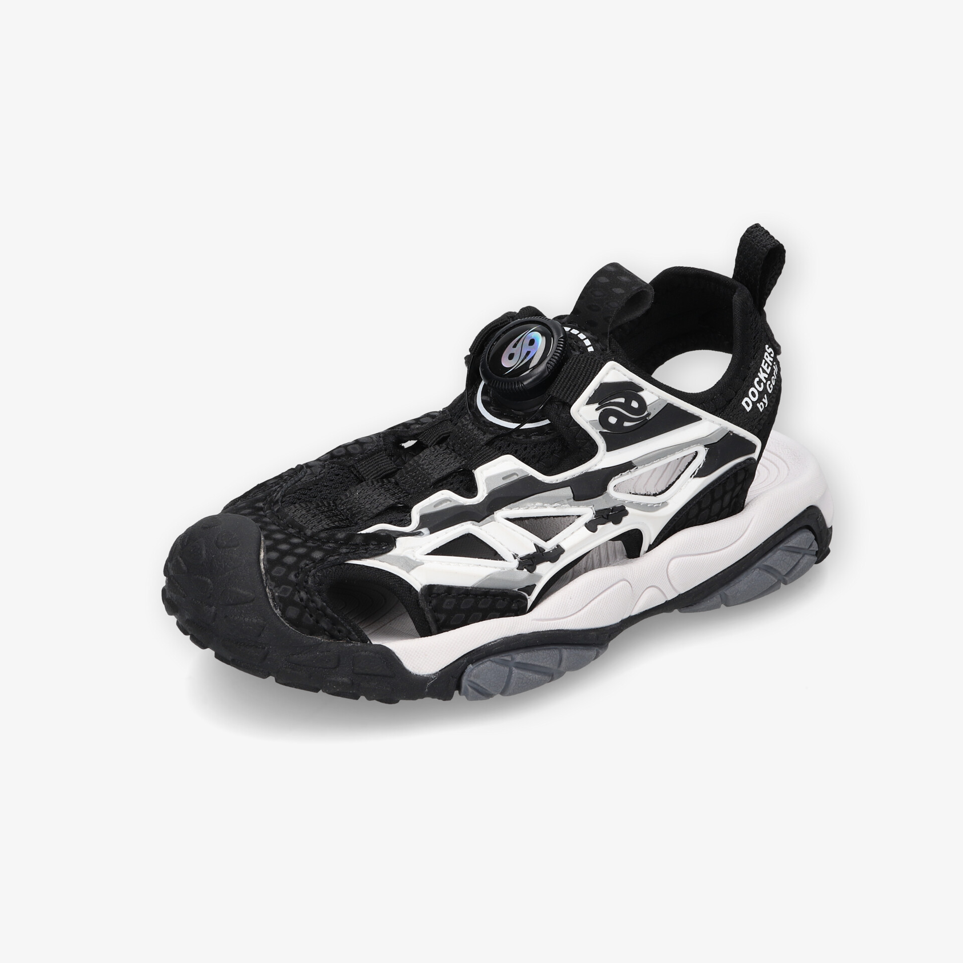 Moderner schwarzer Sportschuh mit weißem Design, Boa-Schnürsystem, rutschfeste Sohle und hoher Komfort