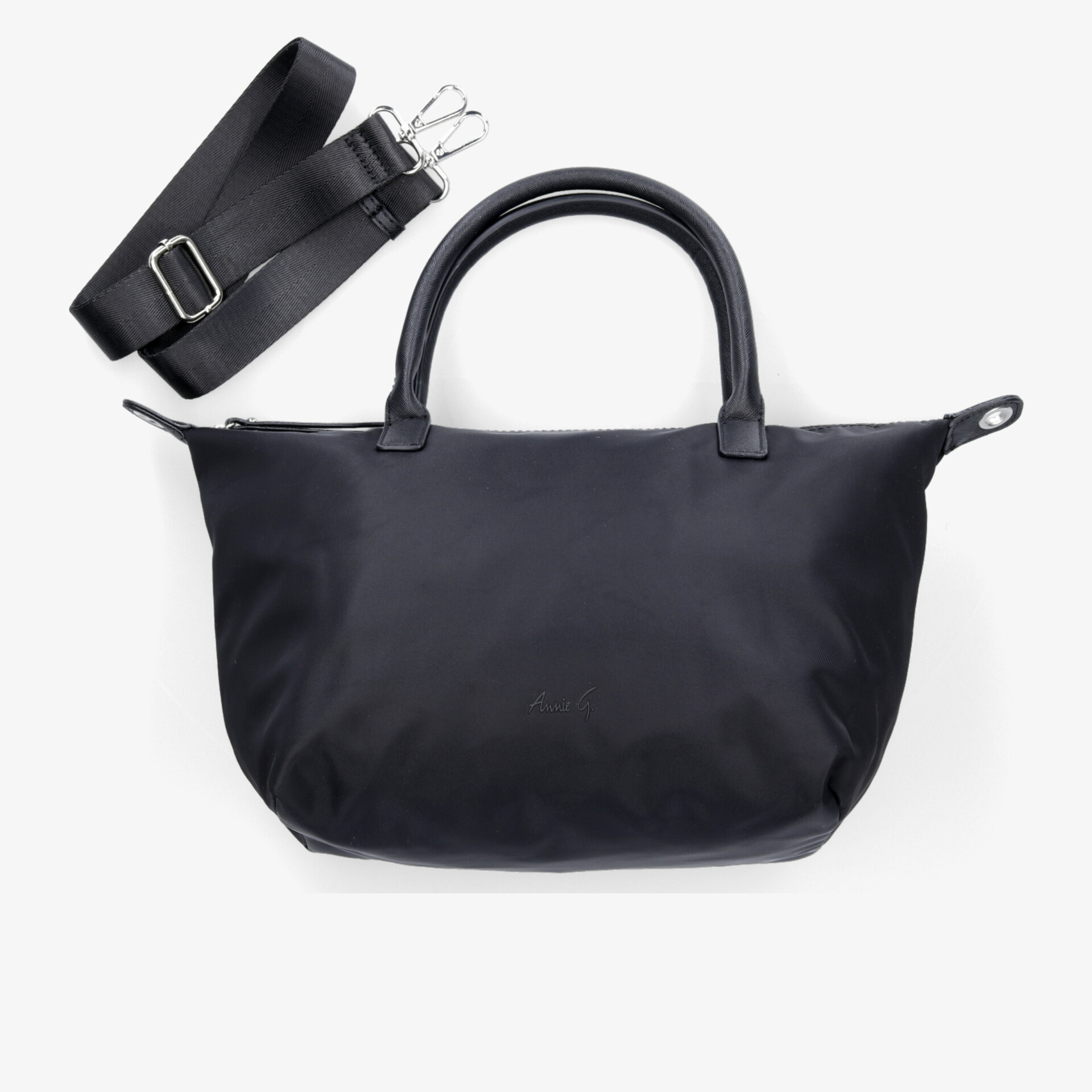 Elegante schwarze Handtasche mit geräumigem Innenraum und abnehmbarem Tragegurt für vielseitige Nutzung.