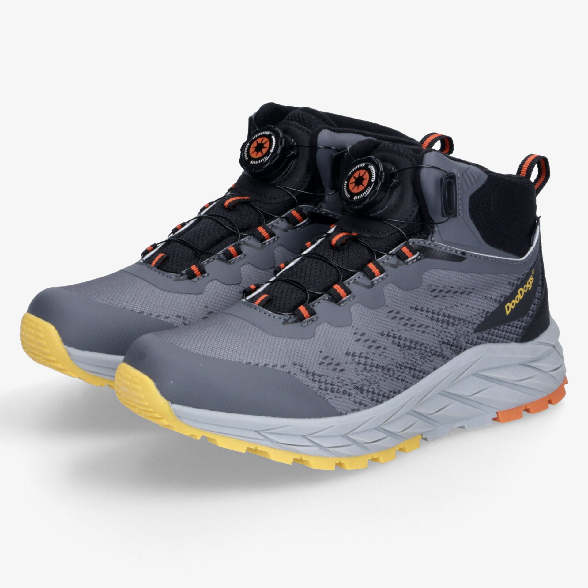 Robuste graue Outdoor-Schuhe mit orangefarbenen Akzenten, rutschfeste Sohle und schnellschnürsystem