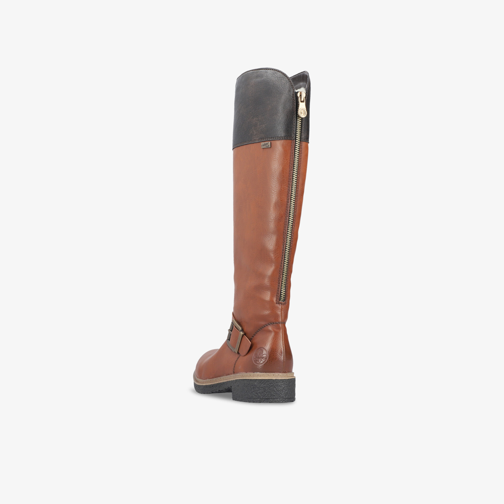 Seitlich abgebildeter hoher brauner und schwarzer Stiefel mit Reißverschluss und robustem Absatz