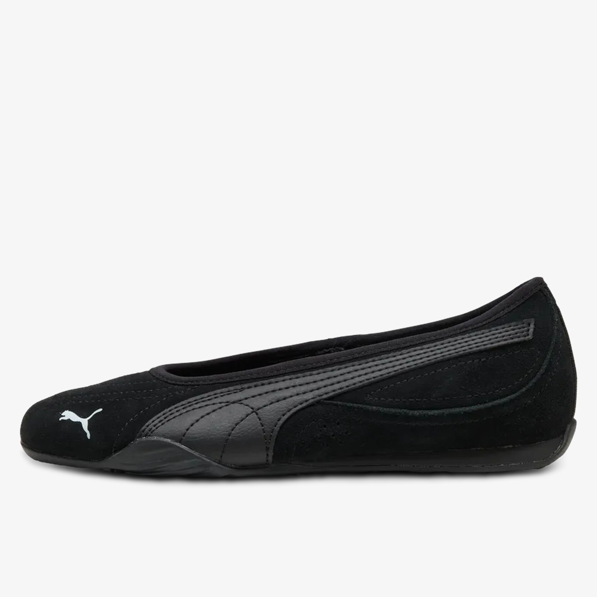 Schwarzer flacher Schuh mit seitlicher Applikation, bequem und leicht, ideal für Alltag