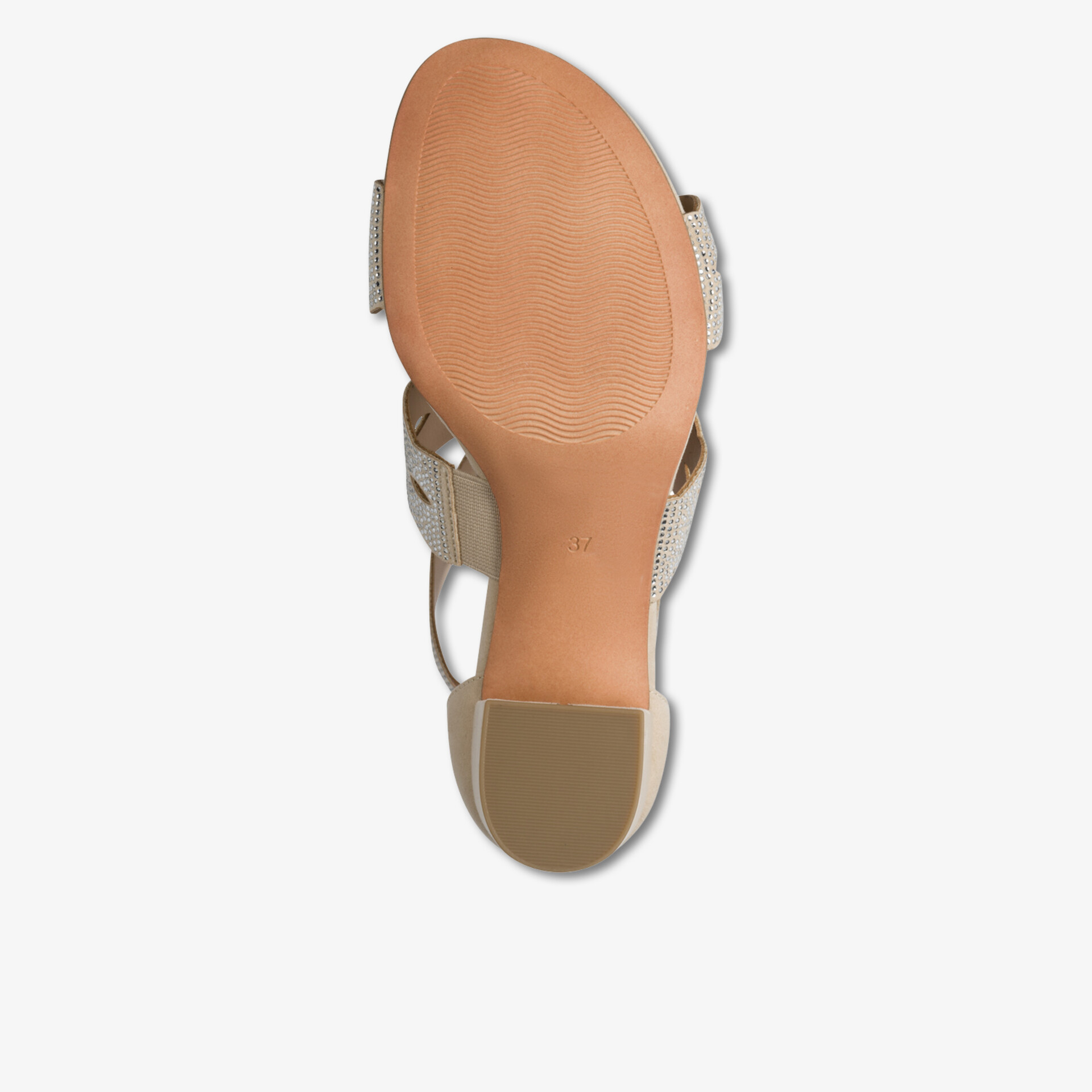 Ansicht der rutschfesten Sohle einer eleganten Sandale mit bequemem Absatz und strapazierfähigem Material