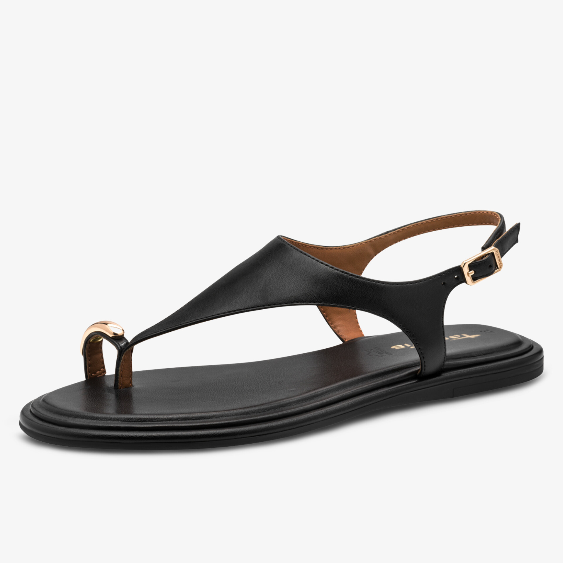 Elegante schwarze Riemchensandale mit verstellbarem Fersenriemen und flacher Sohle, minimalistisches Design