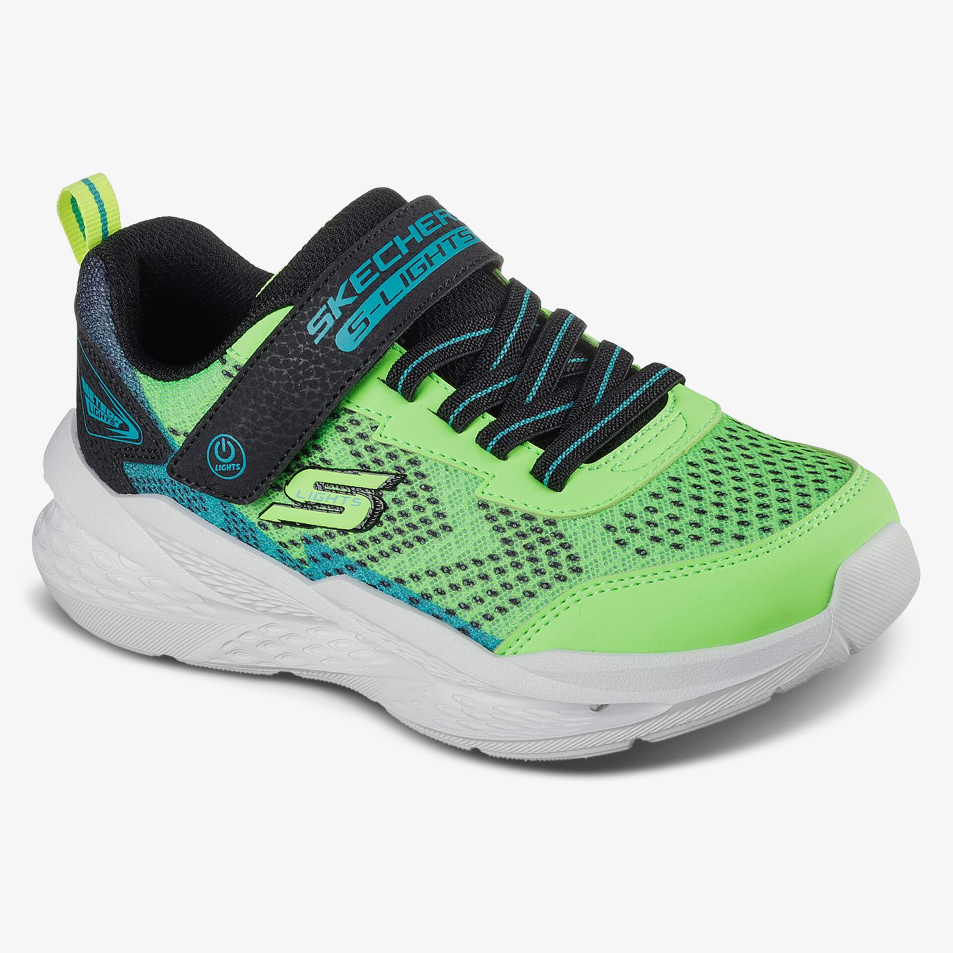 Leuchtend grüner Skechers Schuh mit Klettverschluss und sportlichem Design, ideal für Komfort und Stil.