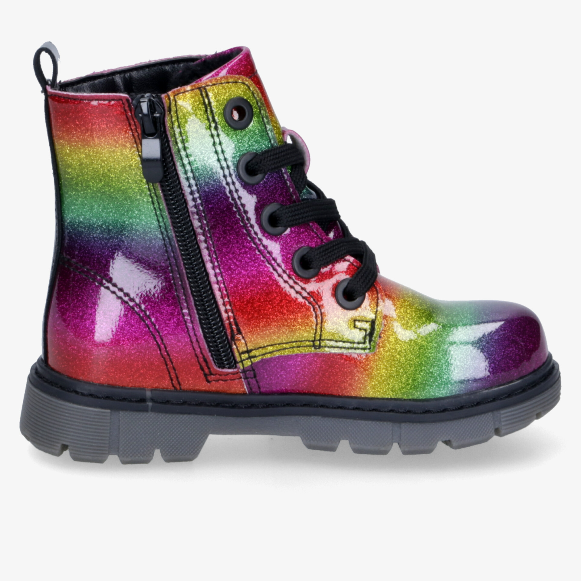 Bunter Metallic-Boot mit Reißverschluss und robuster profilierter Sohle in klarer Frontansicht