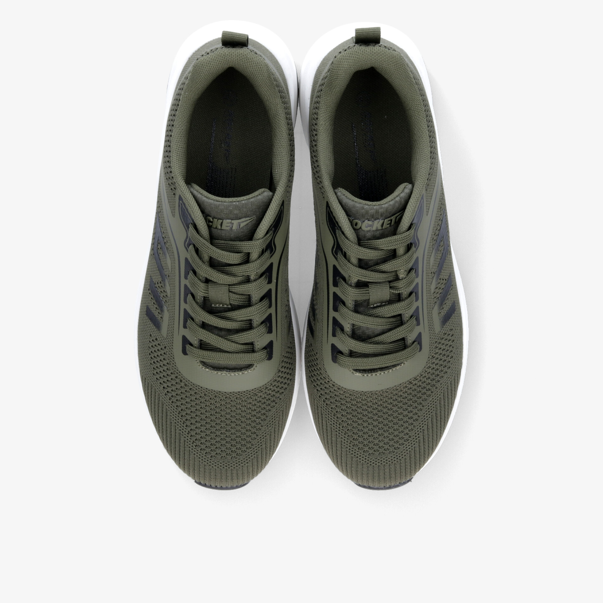 Olivefarbene Sportschuhe in Draufsicht mit atmungsaktivem Material, rutschfester Sohle und flexiblem Verschluss zu sehen