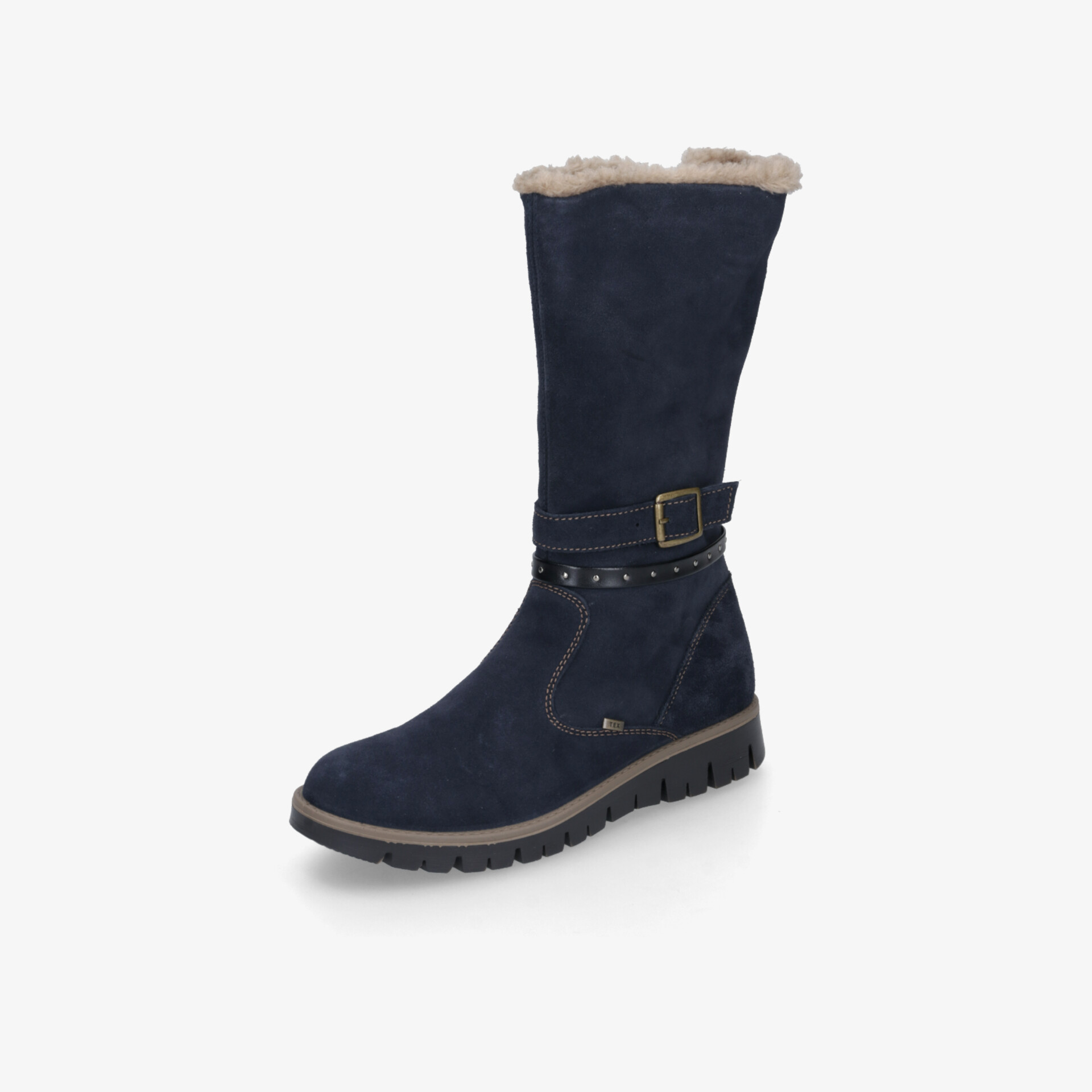 blauer winterstiefel mit warmem fellfutter und verstellbarem riemen für komfort und sicheren halt