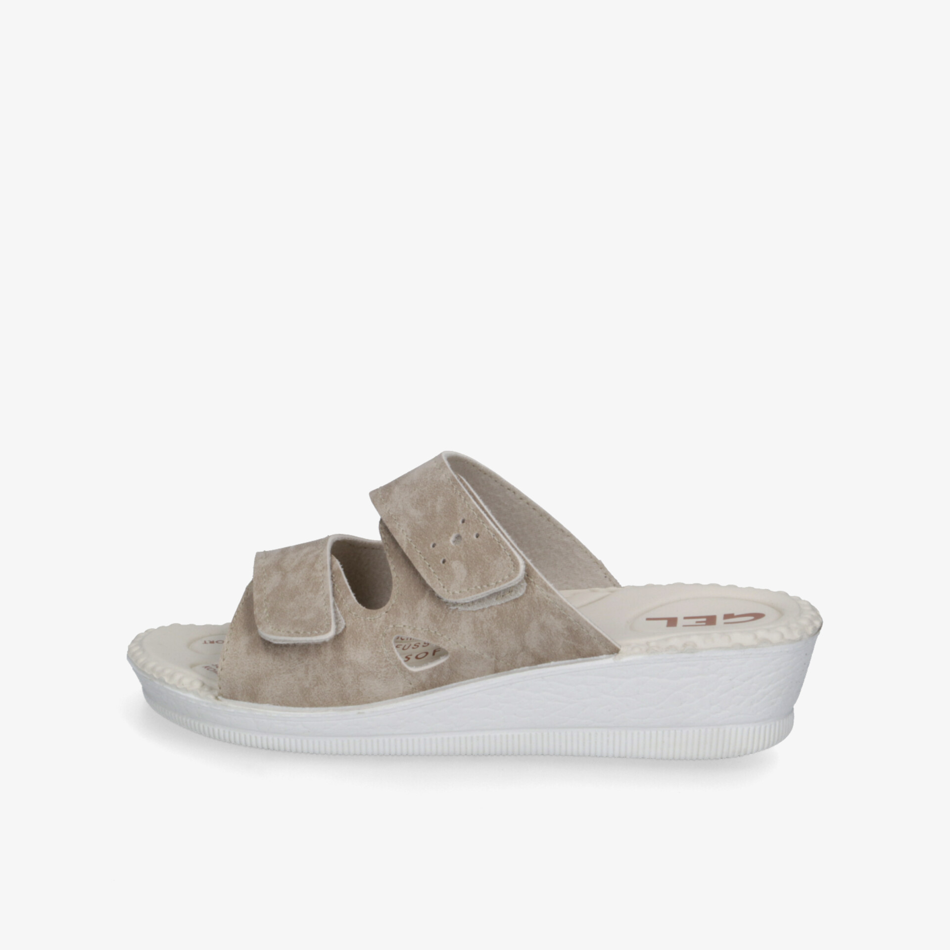 Beiger Hausschuh mit weicher, bequemer Sohle und verstellbaren Klettverschlüssen für optimalen Komfort