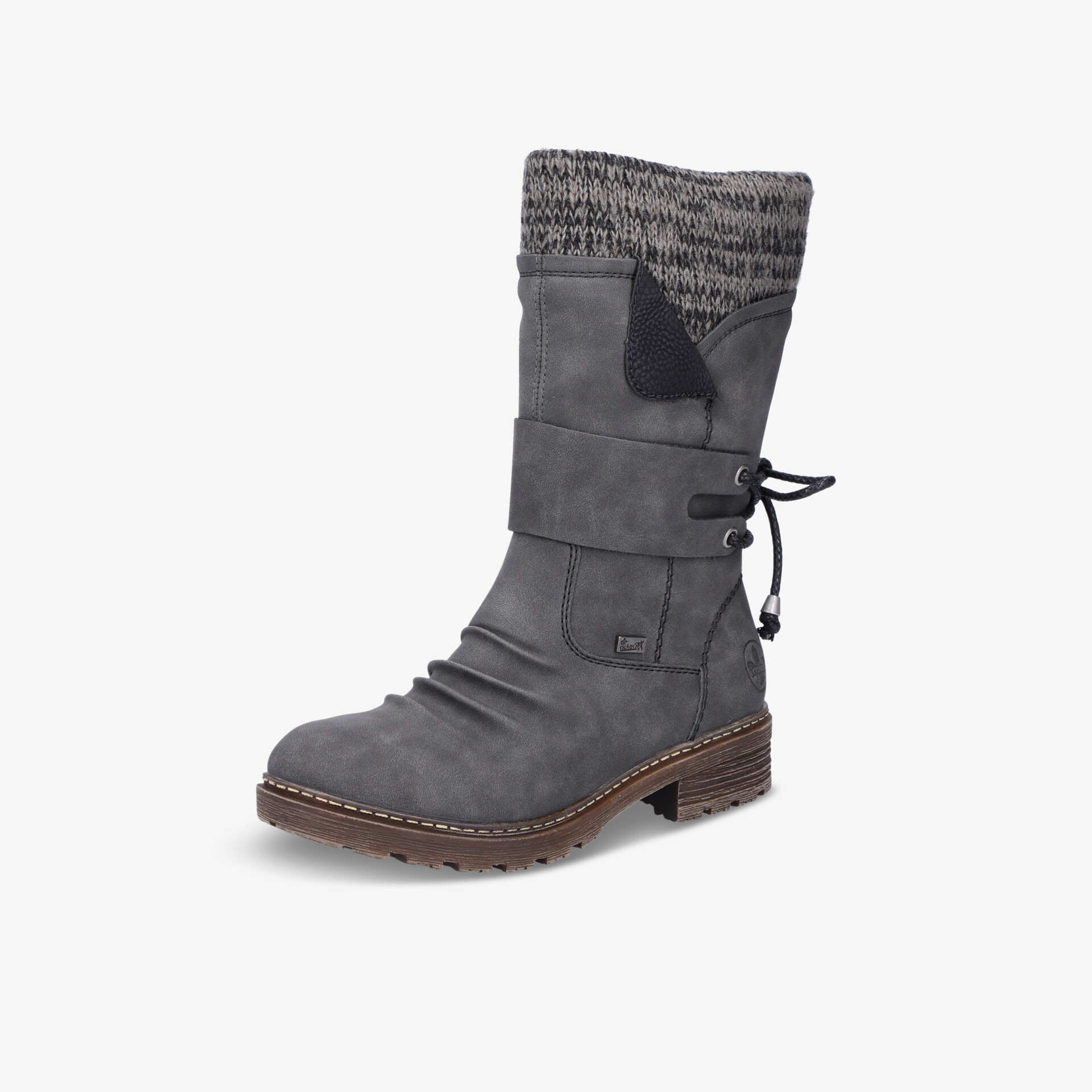 Grauer warmer Stiefel mit gepolstertem Schaft und robustem Absatz, seitliche Ansicht, komfortables Design