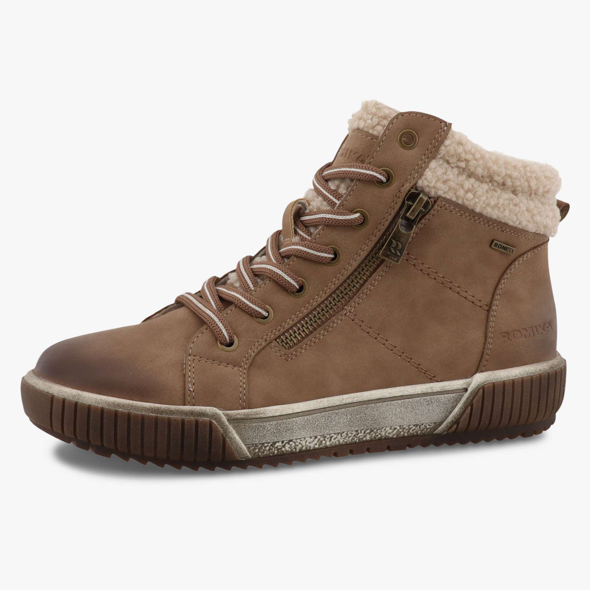 brauner gefütterter Freizeitstiefel mit Reißverschluss, rutschfester Profilsohle und robuster Verarbeitung