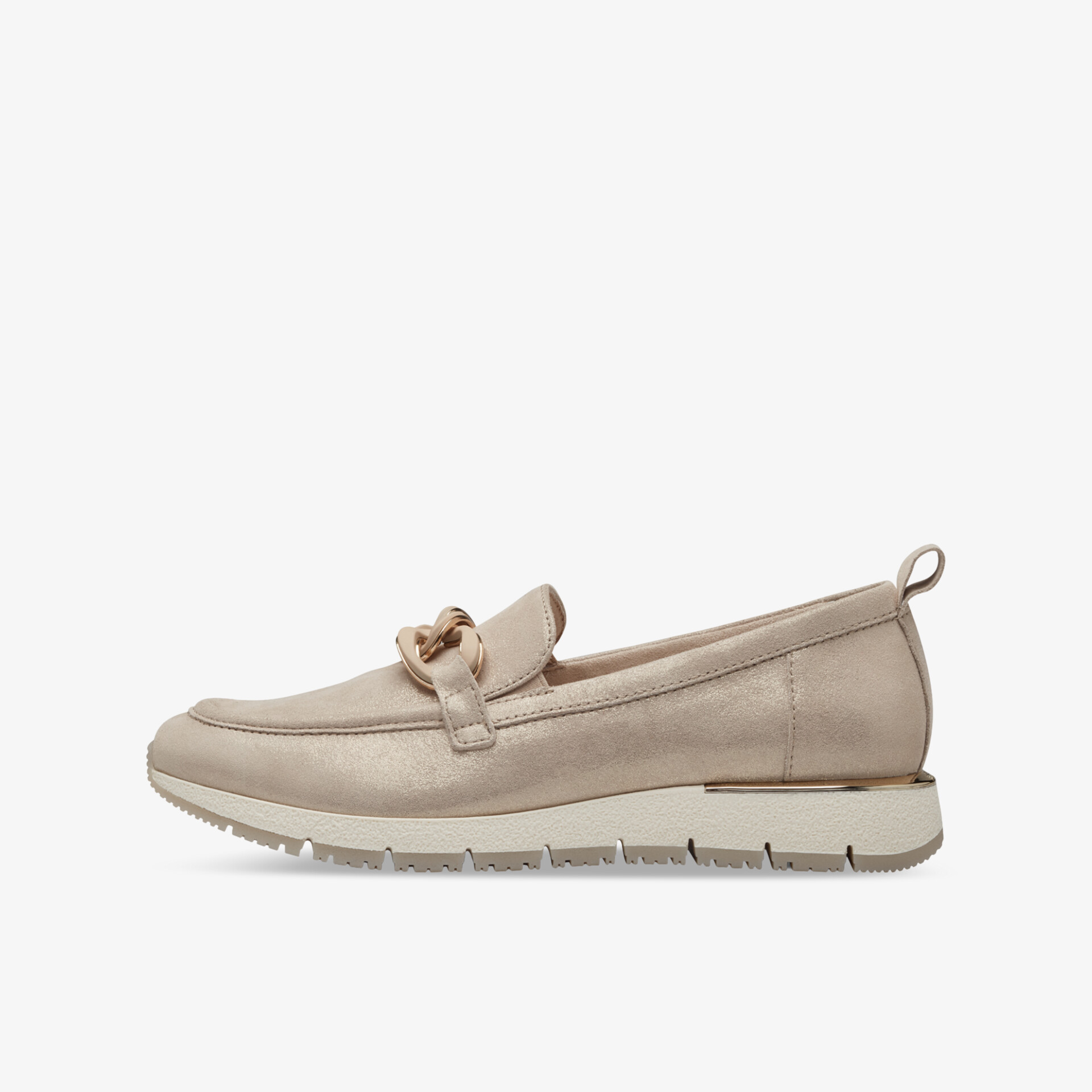 Beiger Loafer seitliche Ansicht mit flexibler Sohle, bequem und leichter eleganter Schuh für Alltag