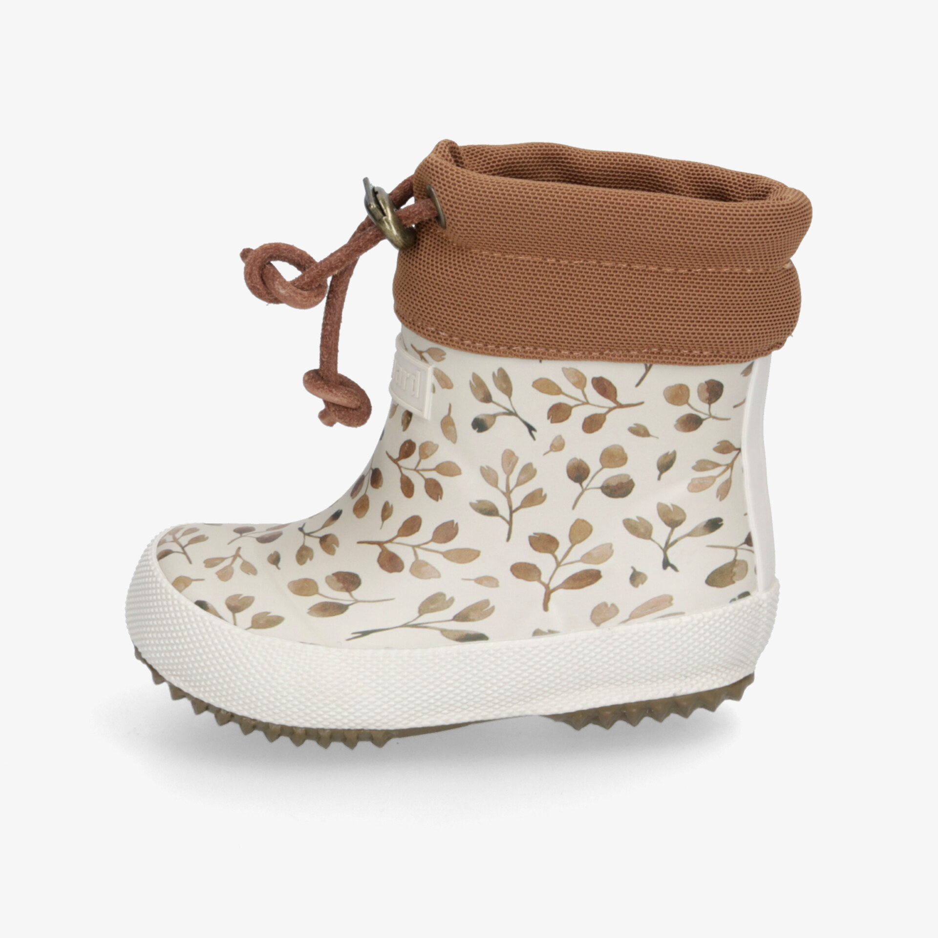 Stylischer Gummistiefel mit Blättermuster und braunem Bündchen, ideal für nasse Wetterbedingungen.