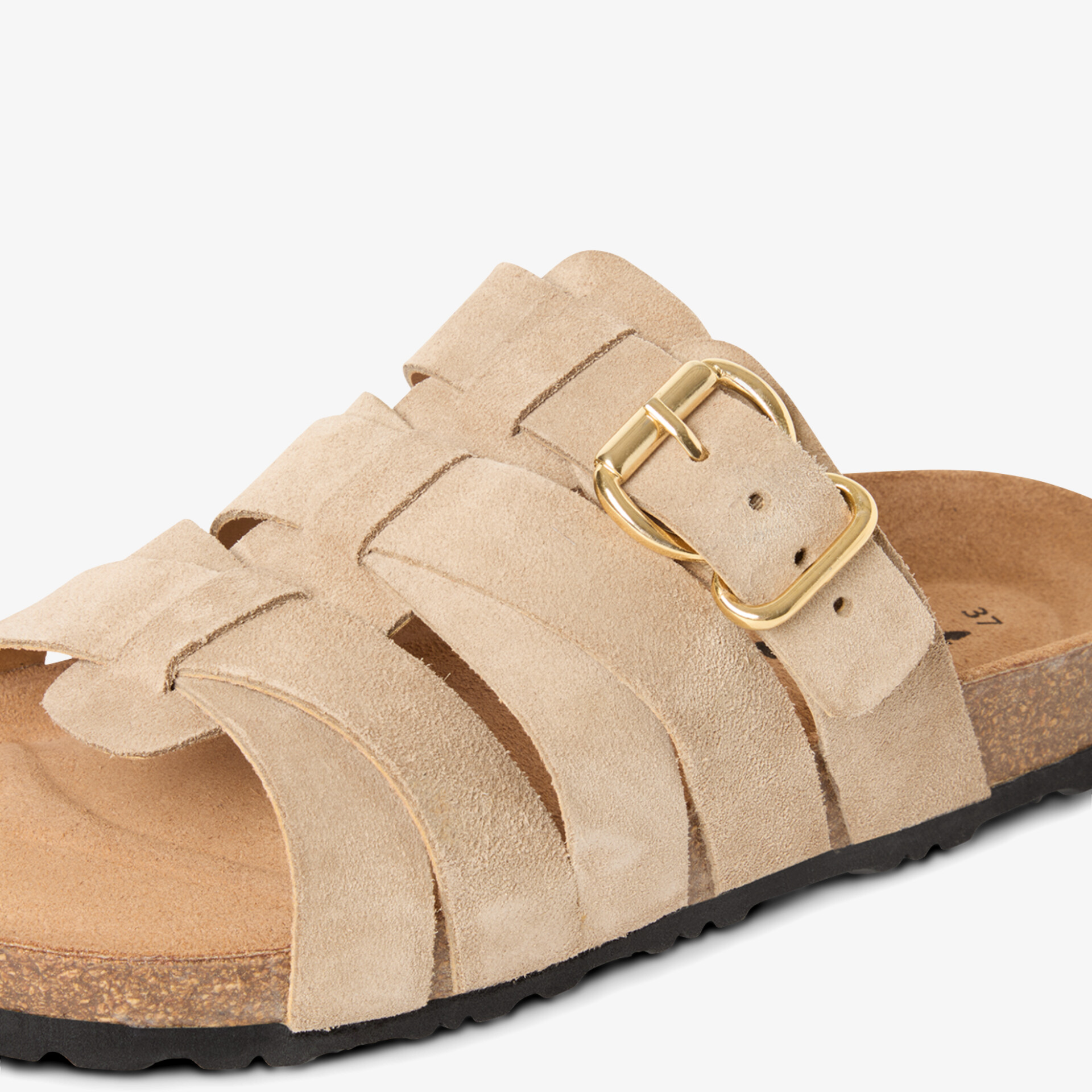 Heller Schuh mit drei Riemen und goldener Schnalle für optimalen Halt und Komfort