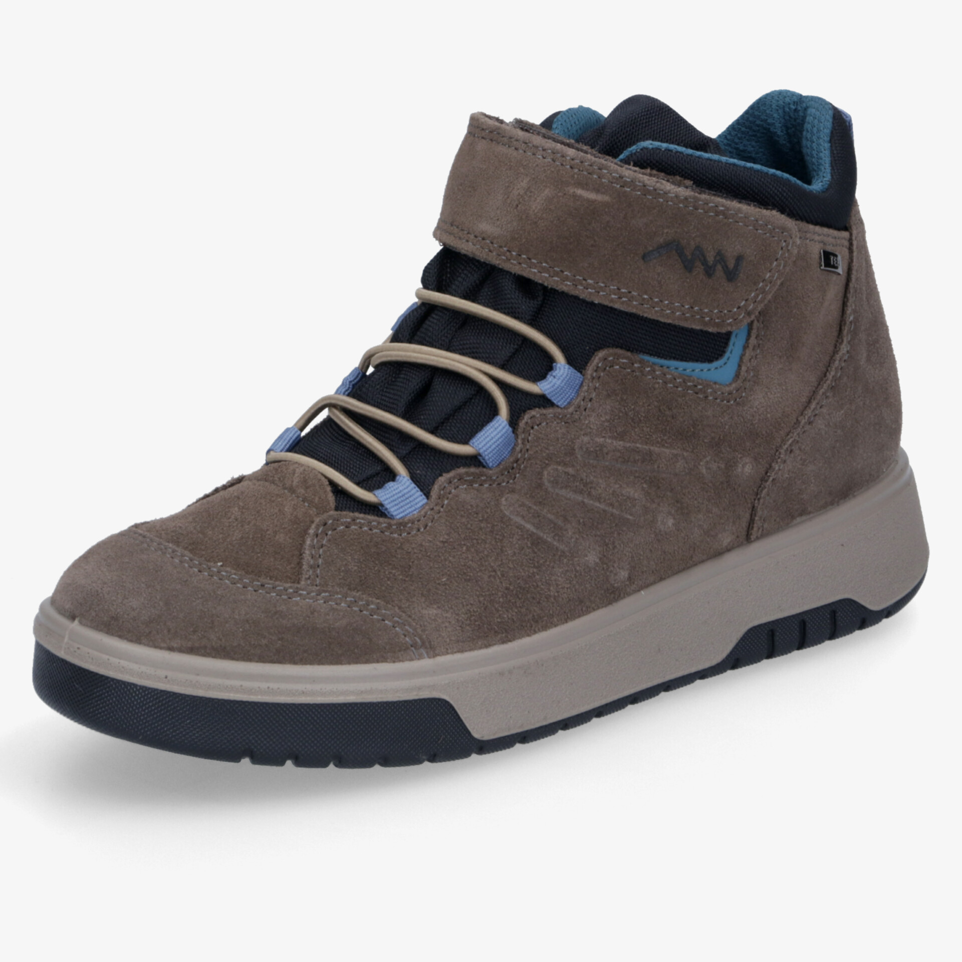 Grauer Freizeitschuh mit blauem Innenfutter, stabiler Sohle und gepolstertem Schuhkragen, sportlicher Look
