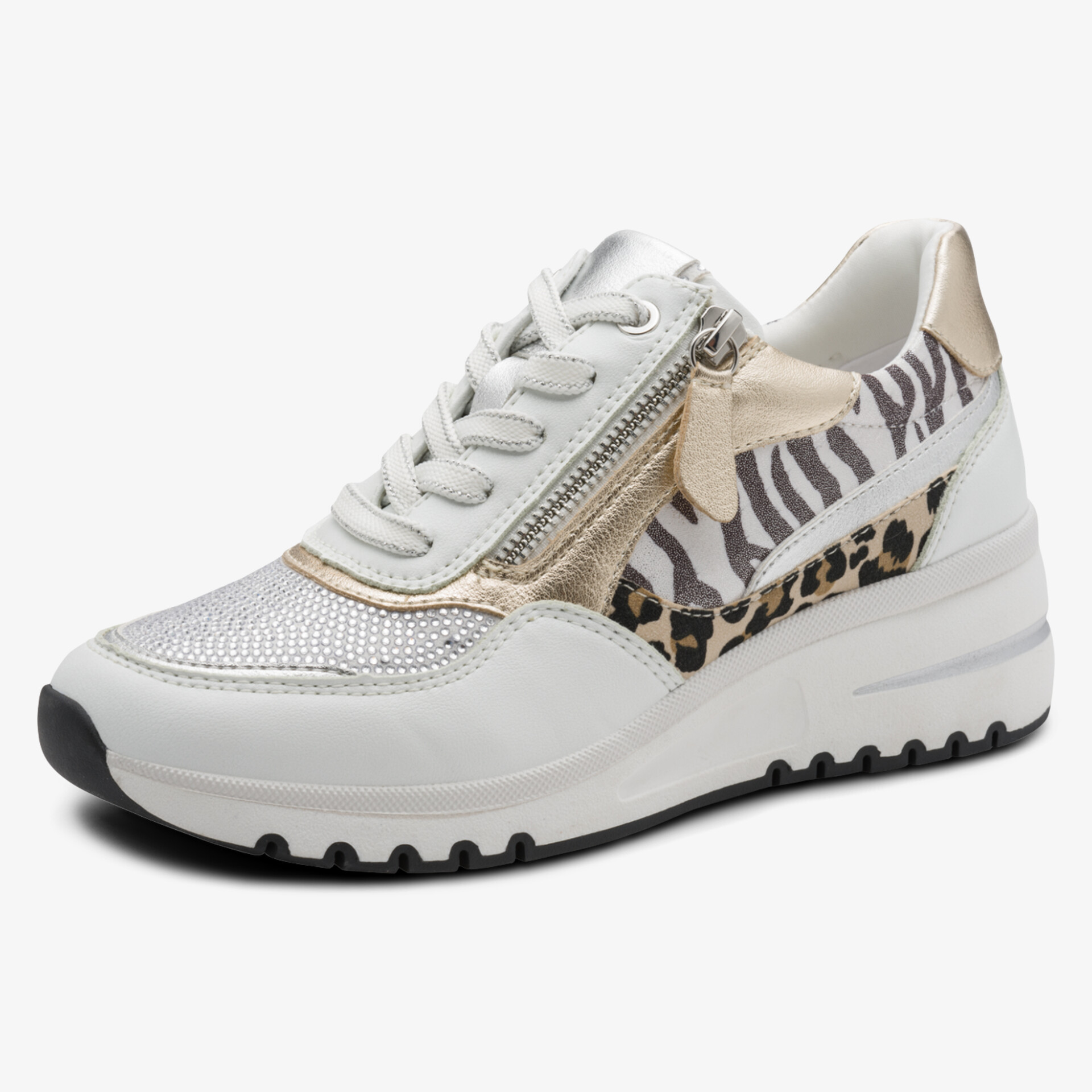 Moderne weiße Sneaker mit Reißverschluss und Leopardenmuster, bequeme und atmungsaktive Materialien