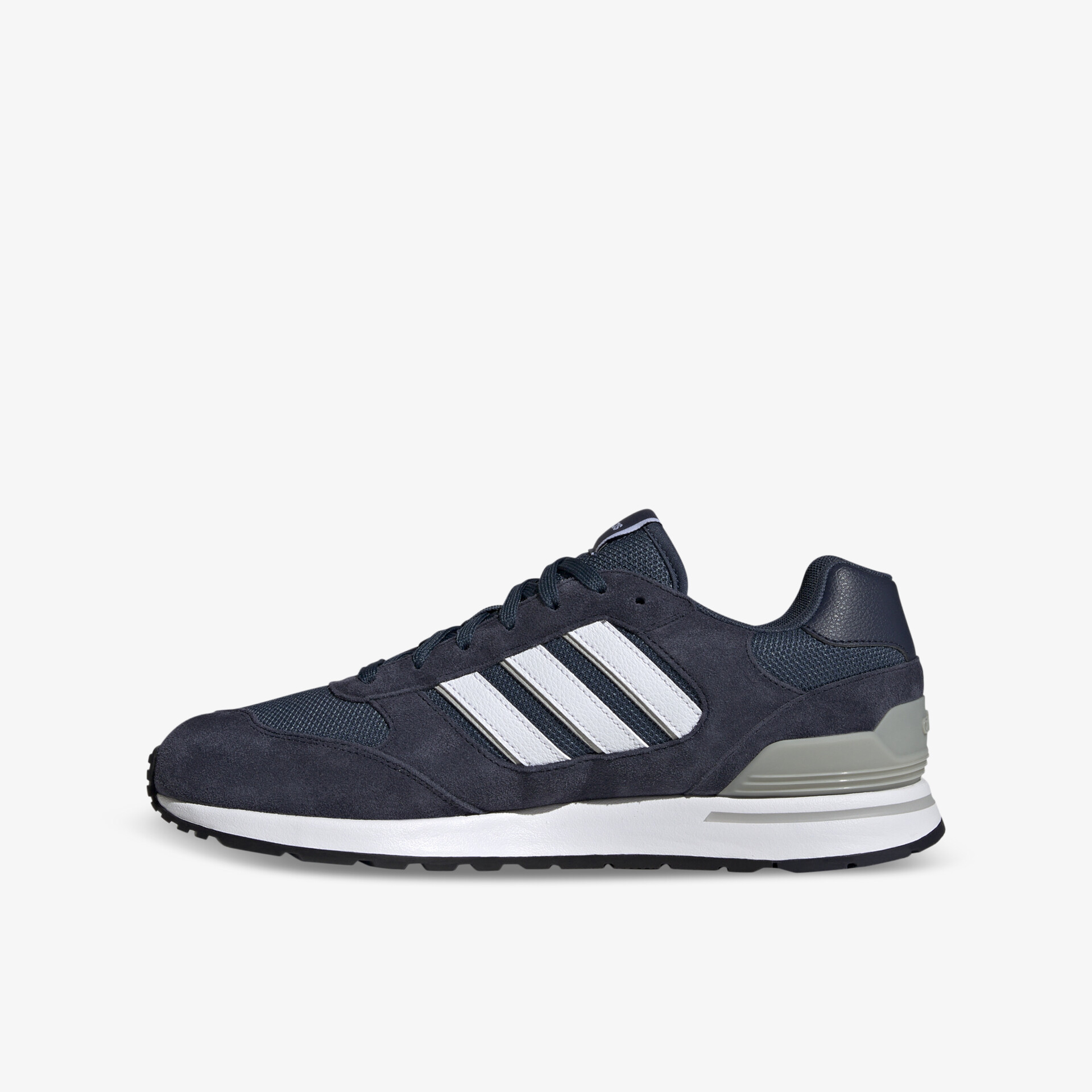 Blauer Sneaker mit weißer Sohle und drei weißen Streifen, leicht und atmungsaktiv, sportlich und komfortabel