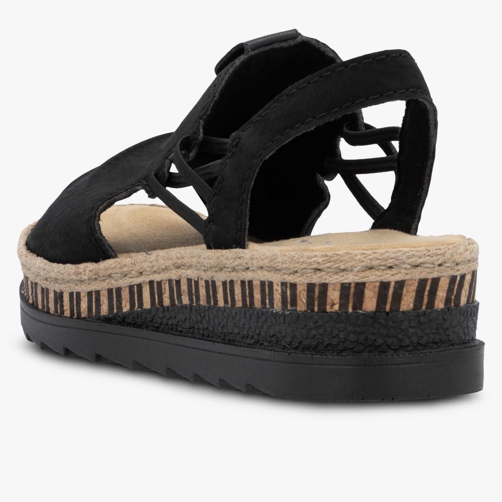 Schwarze Sandale mit Keilabsatz, gepolstertem Fußbett und rutschfester Sohle, seitliche Ansicht