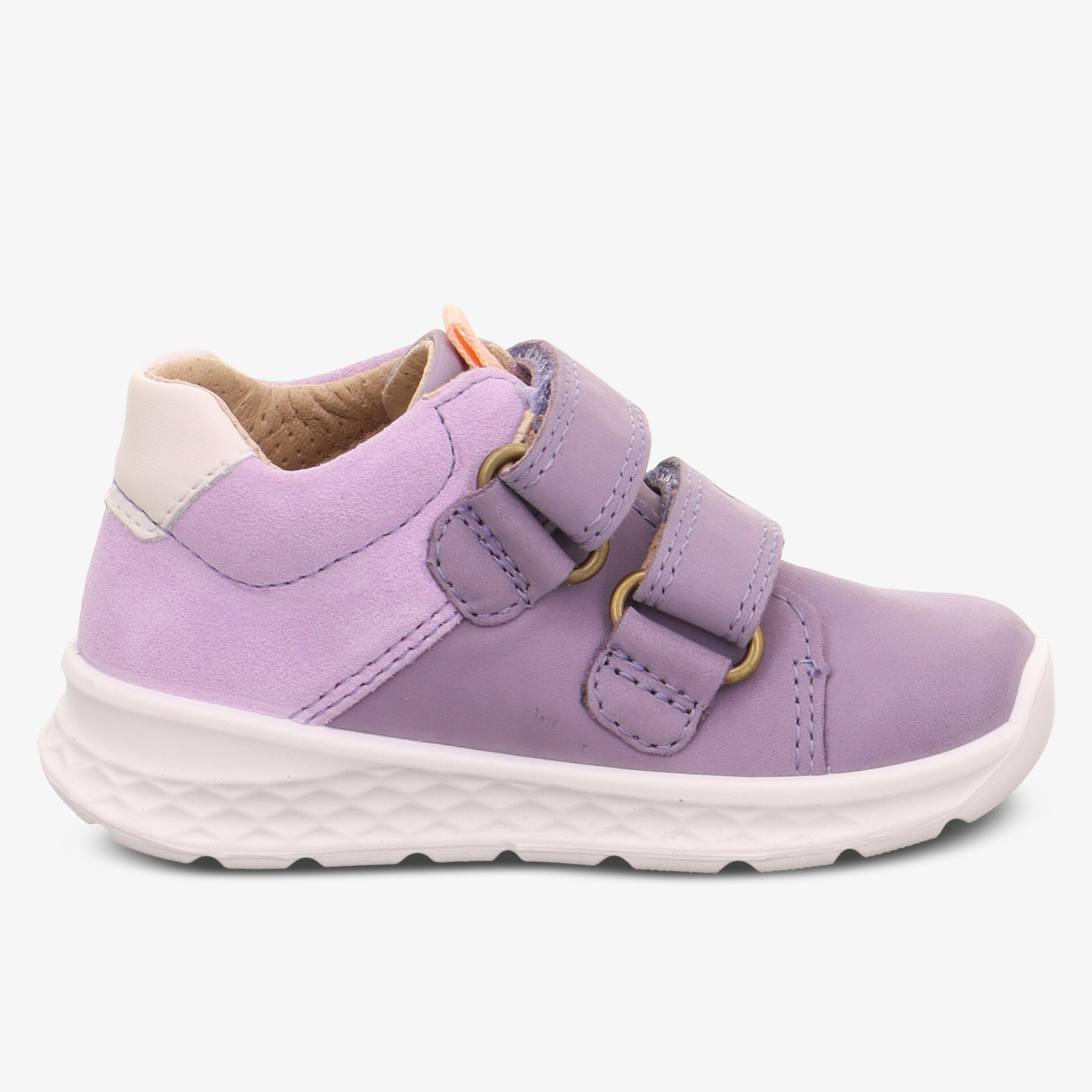Lila Kinderschuh mit zwei praktischen Klettverschlüssen und flexibler weißer Gummisohle seitlich