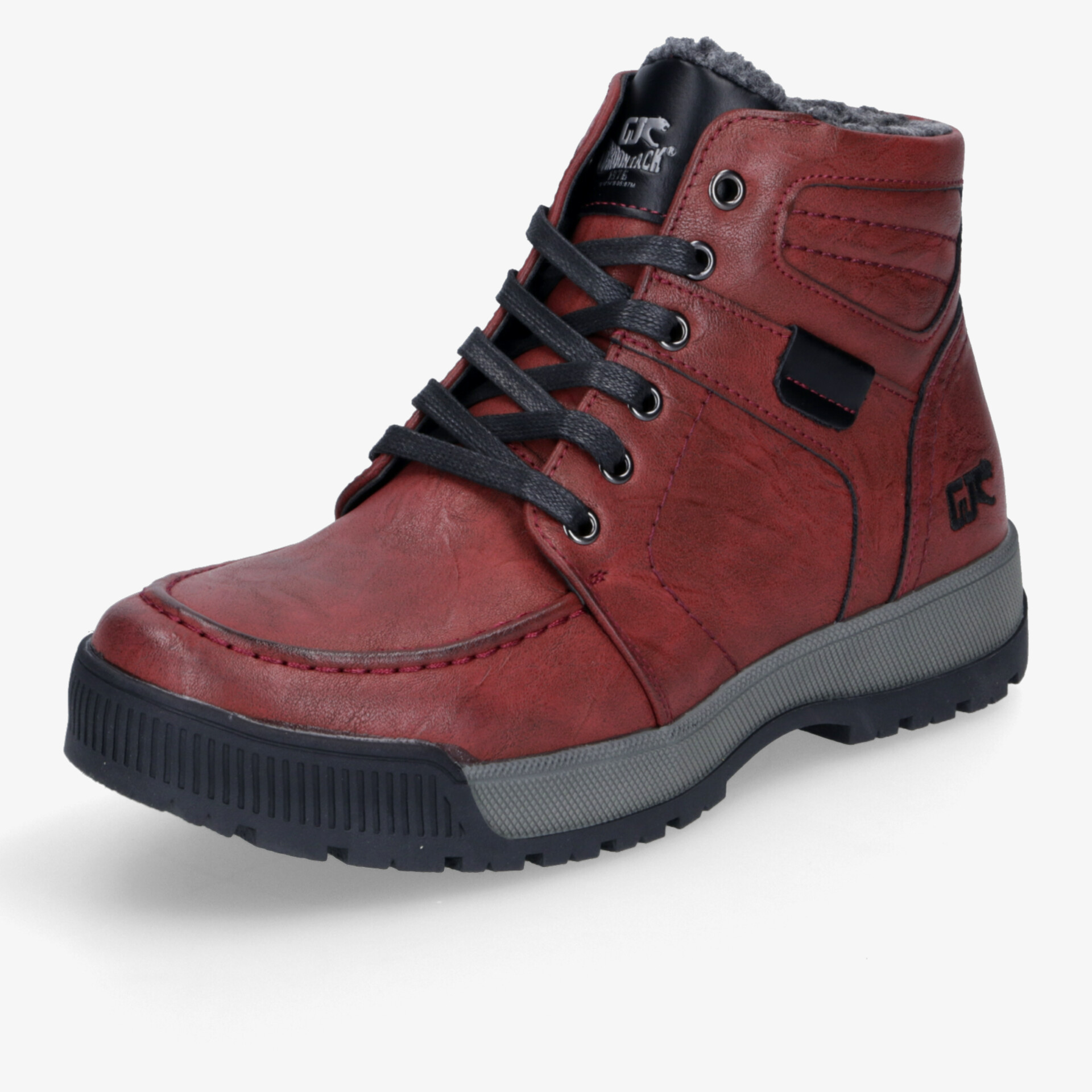 Robuster roter Lederschuh mit gepolsterter Innenseite und rutschfester Sohle in eleganter schräg vorne Ansicht