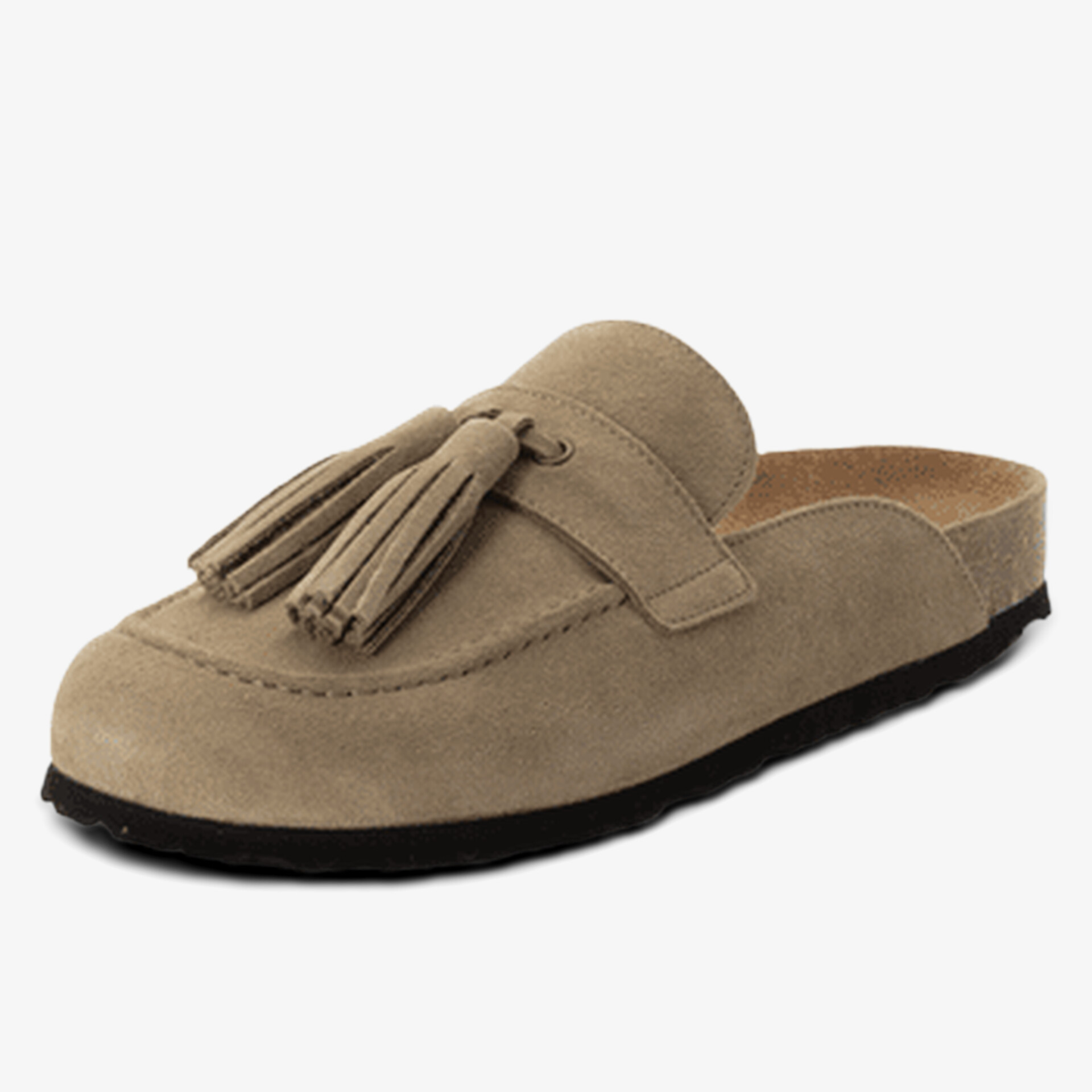 Bequemer Wildleder-Slipper mit eleganter Tassel-Dekoration und leichter profilierter Sohle in hellem Beige