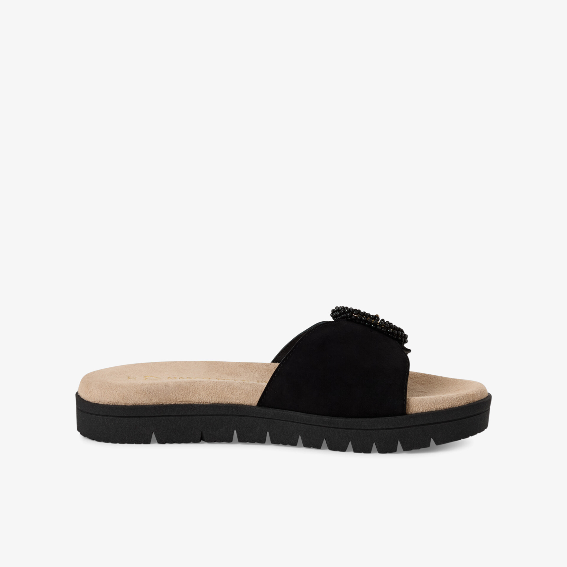 Seitliche Ansicht einer schwarzen, bequemen Sandale mit weichem Fußbett und rutschfester Sohle für Alltag und Freizeit