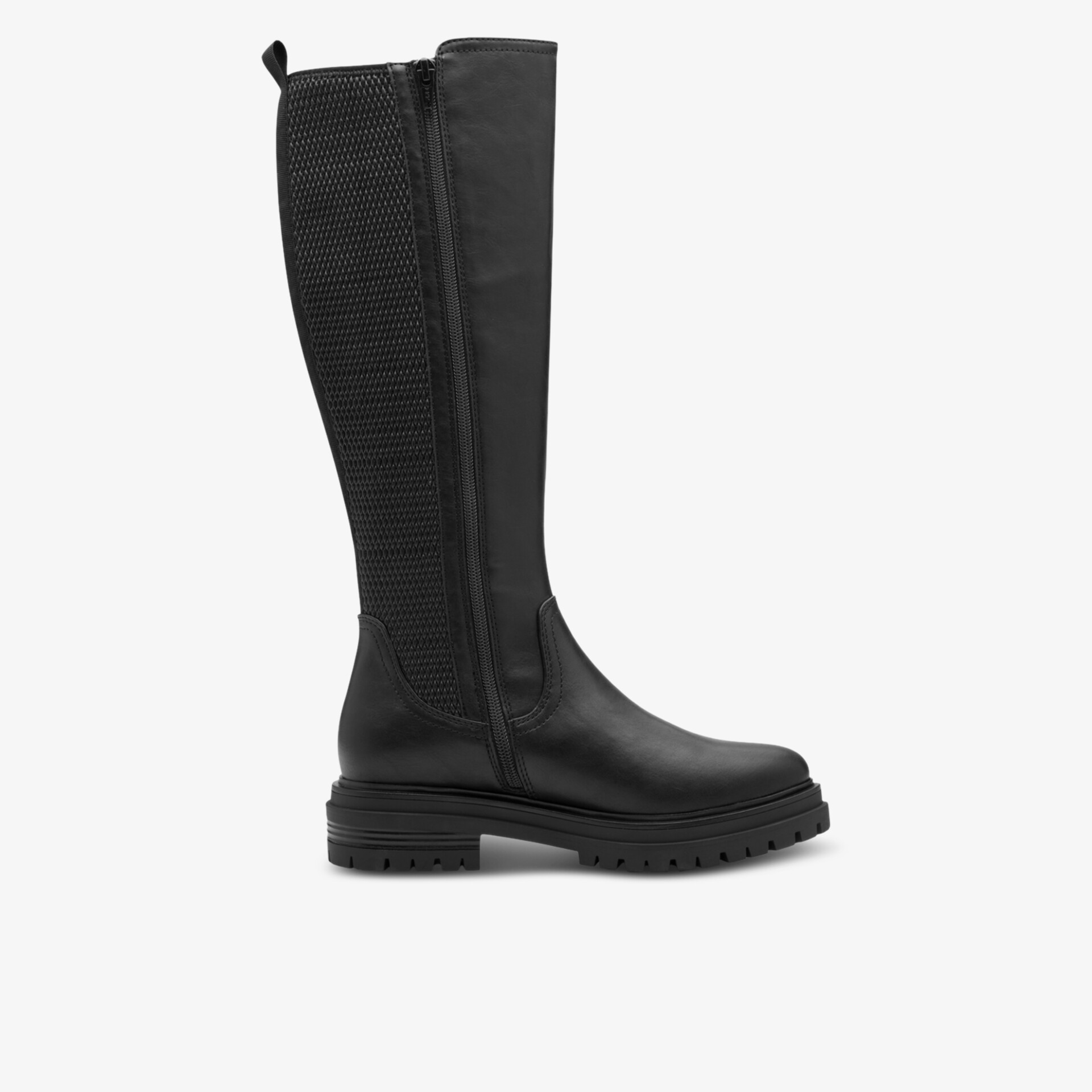 Kniehoher schwarzer Lederstiefel mit robuster Profilsohle und bequemem, elastischem Schaft in Seitenansicht