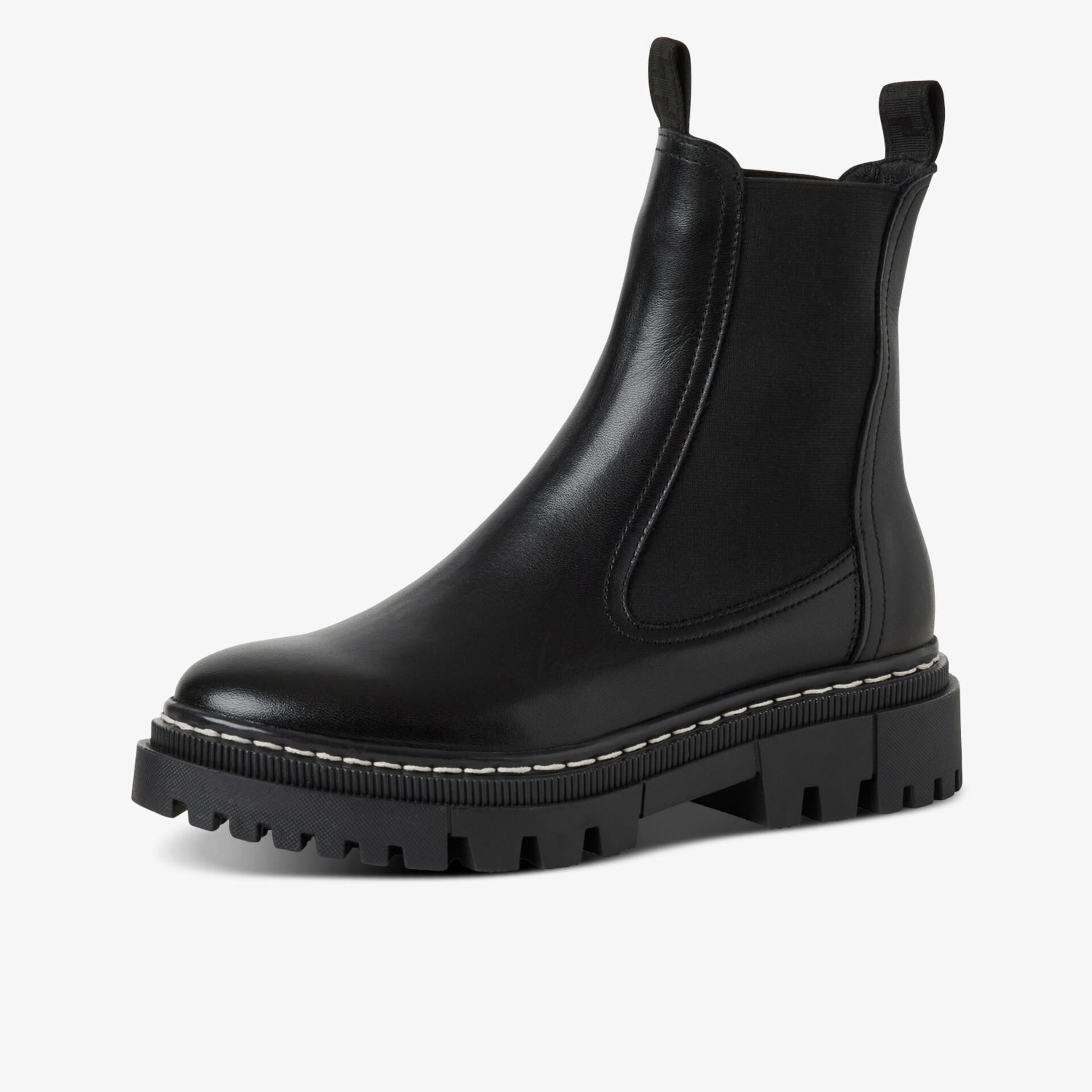 Schwarzer Chelsea Boot mit robustem Leder, elastischen Einsätzen und profilierter Sohle in seitlicher Ansicht