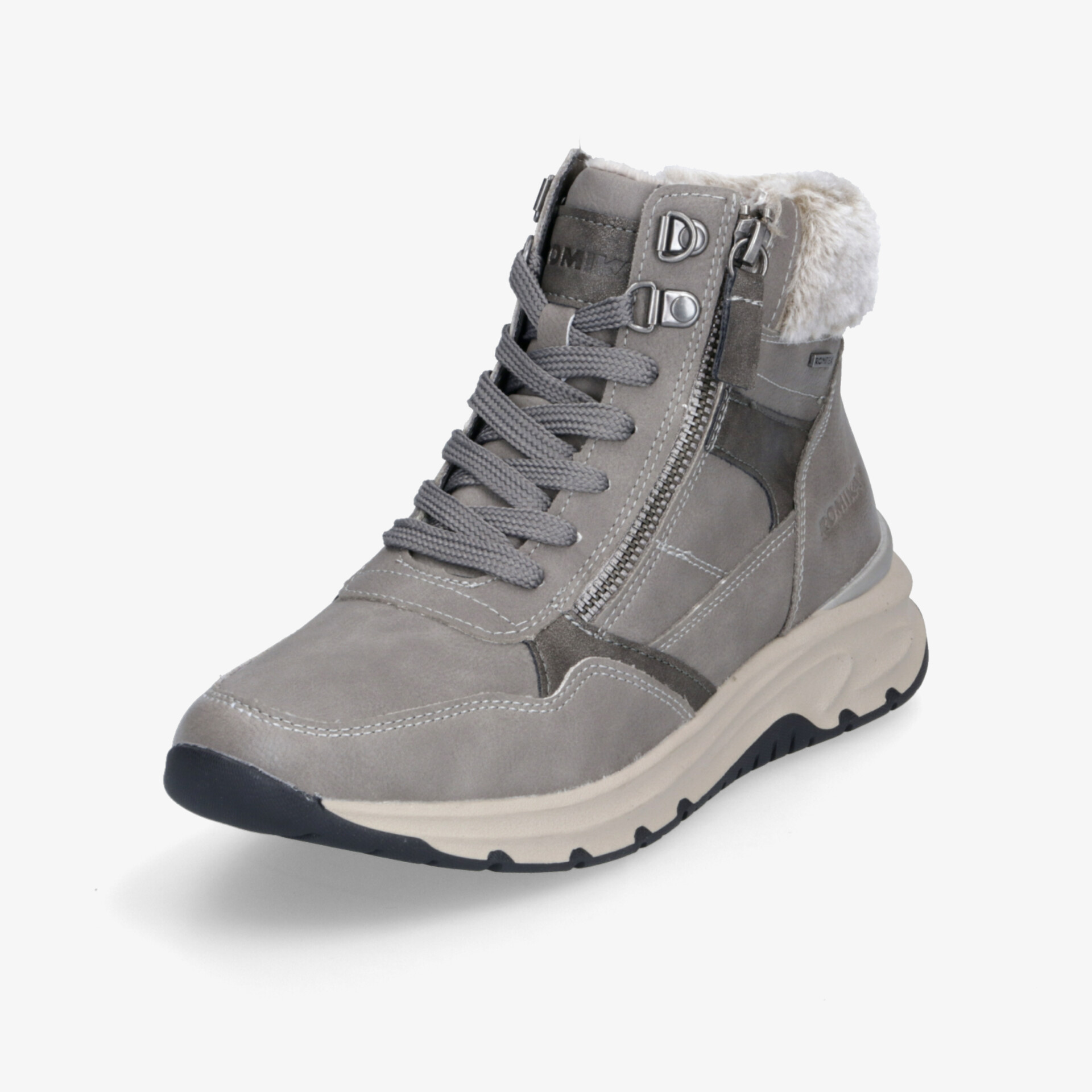 Grauer Sneaker mit warmem Fellfutter, seitlichem Reißverschluss und profilierter Sohle für optimalen Komfort