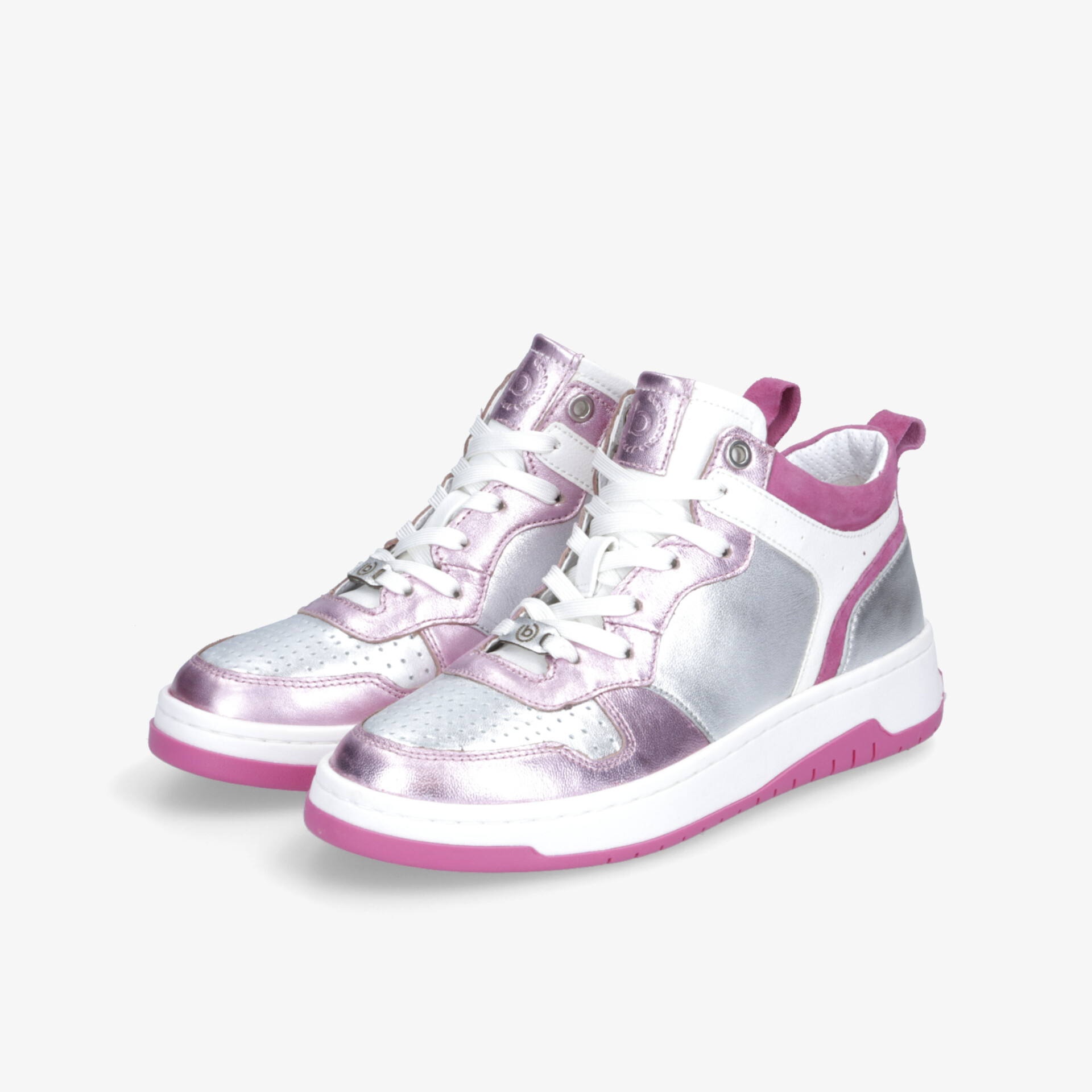 Stylische pink und silberne Sneaker mit glänzenden Akzenten. Ideal für Freizeit und sportliche Aktivitäten.