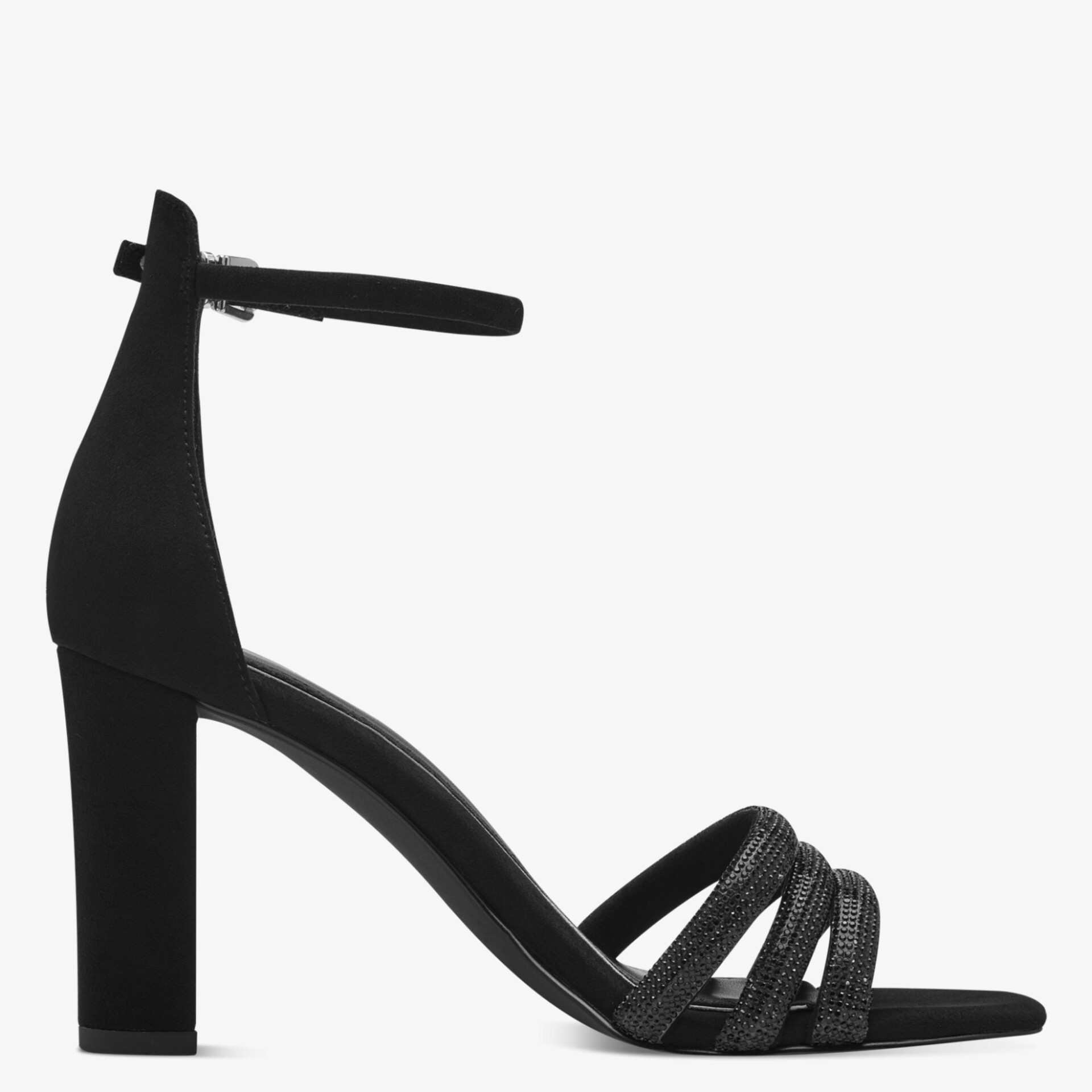 Schwarzer hochhackiger Schuh mit eleganten Riemchen und stabilem Blockabsatz, hochwertiges Material, komfortabel