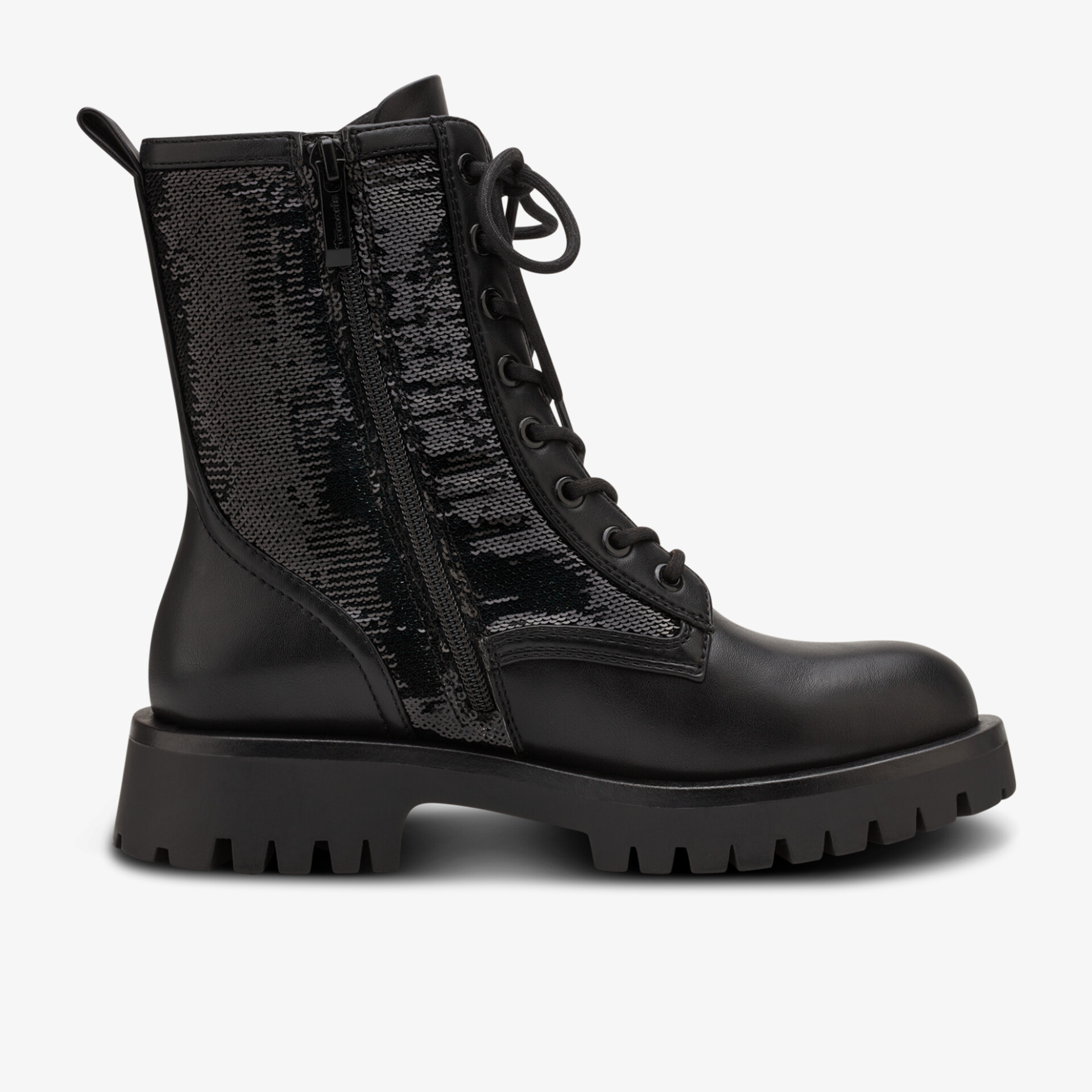 Schwarze, robuste Stiefel mit Schnürung und Reißverschluss, ideal für einen modernen Look.