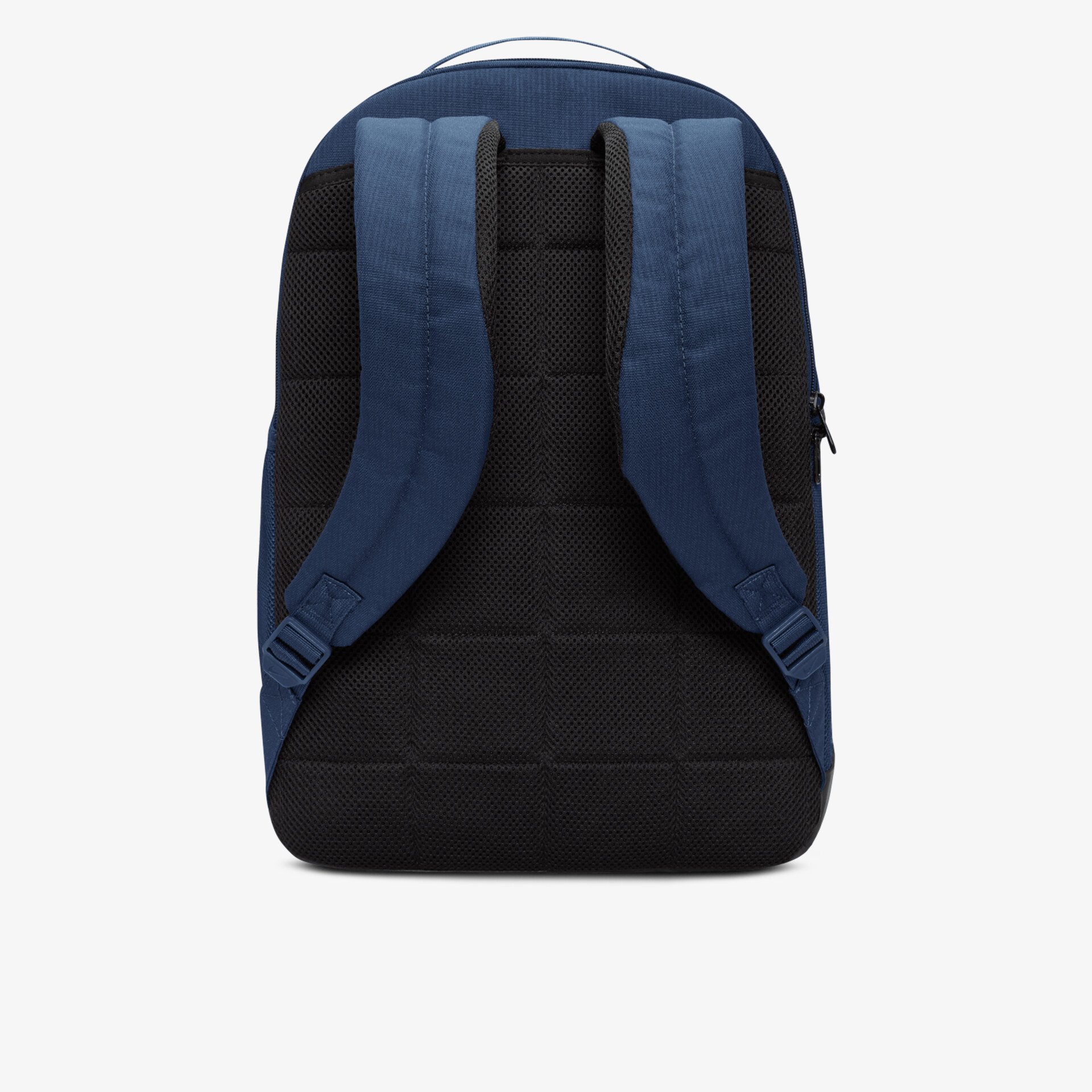 Schwarzer Rucksack mit gepolsterten blauen Schultergurten und robustem Rückenteil, ideal für den Alltag