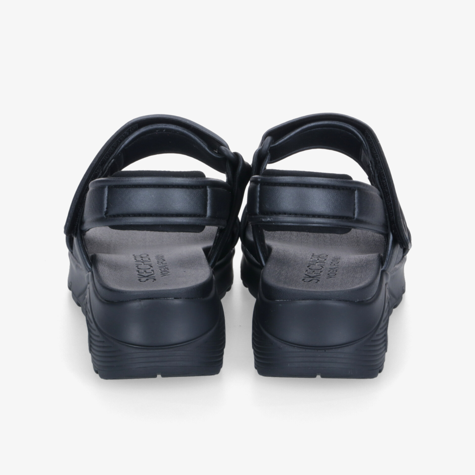 Schwarze Sandalen mit verstellbarem Riemen und gepolsterter, rutschfester Sohle, Rückansicht