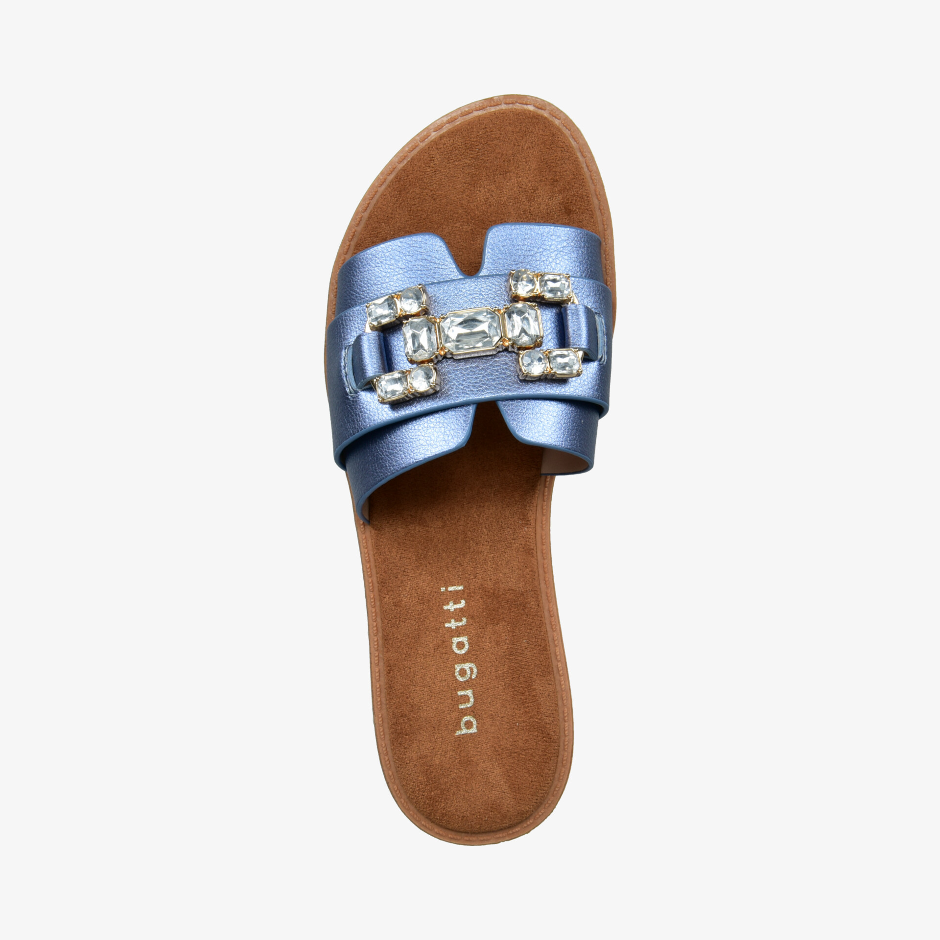 Blaues Slide mit breitem Riemen und dekorativer metallischer Schnalle, weiches Fußbett für hohen Tragekomfort
