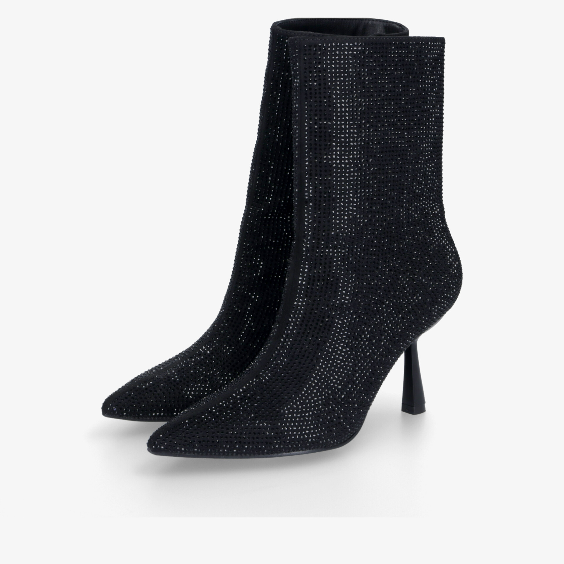 Elegante schwarze Stiefeletten mit funkelndem Design und spitz zulaufender Form. Perfekt für jeden Anlass.