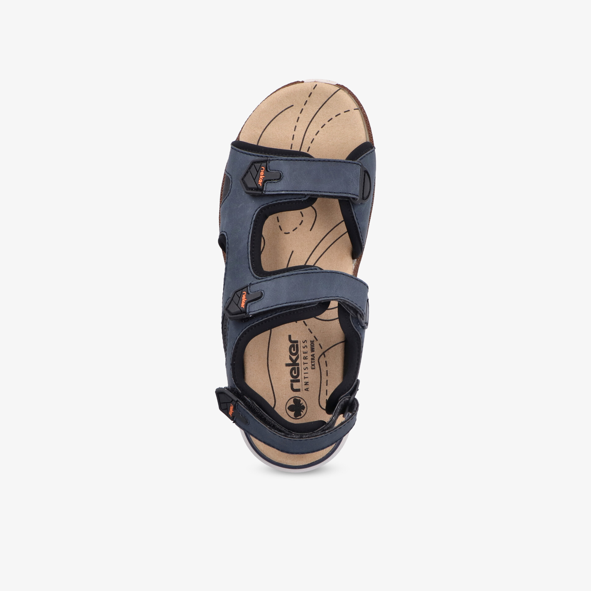Bequemer blauer Sandalenschuh mit verstellbaren Klettverschlüssen und stützender, rutschfester Sohle