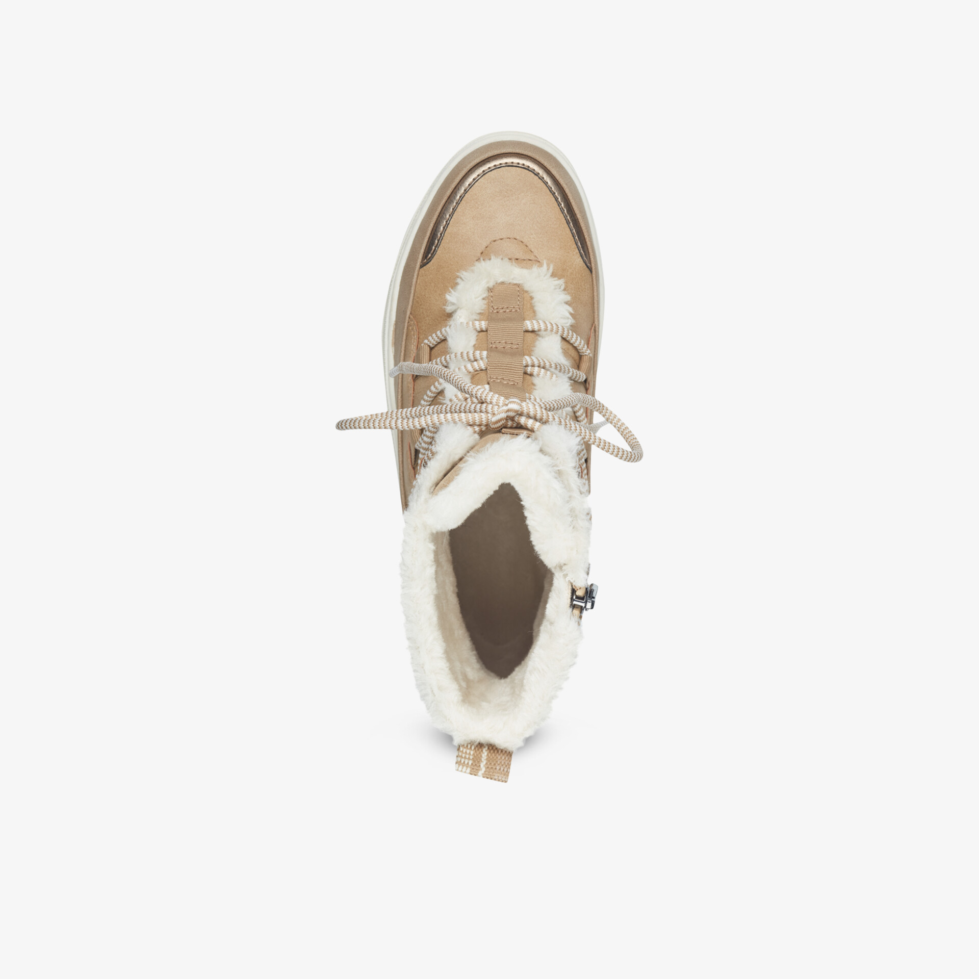 Beiger Schuh mit flauschigem Innenfutter und Schnürsenkeln, bequem und warm für kalte Tage