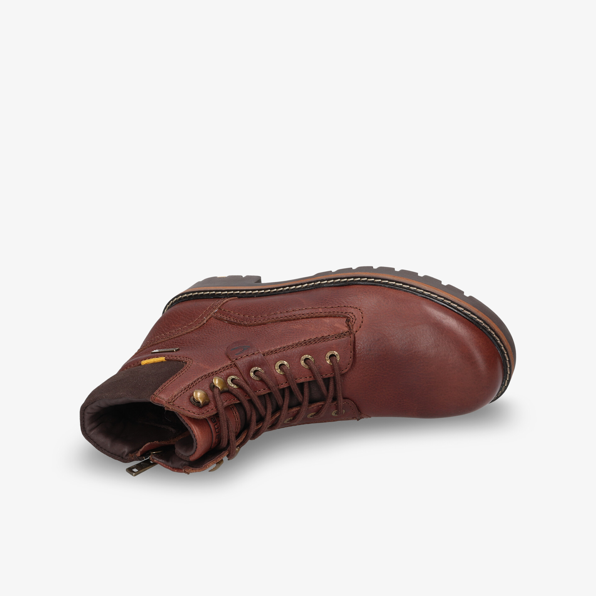 Robuster brauner Schuh aus hochwertigem Leder mit bequemer Passform und rutschfester Sohle, Draufsicht