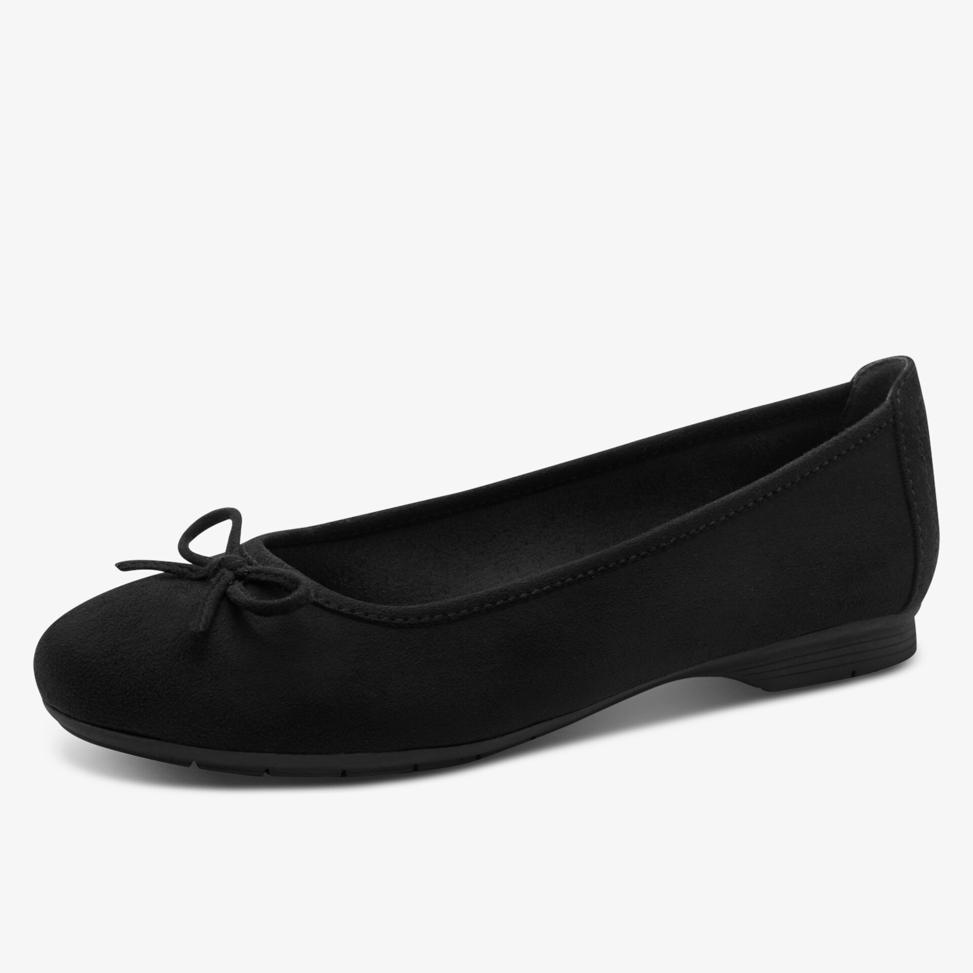 Schwarze Ballerina mit Schleife aus weichem Material, flach und bequem, seitliche Ansicht