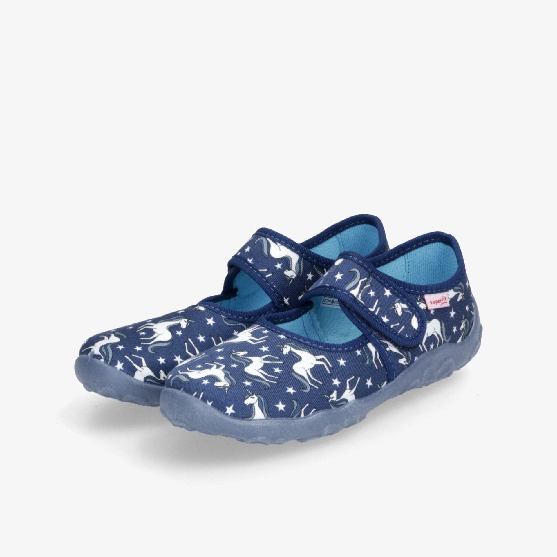 Blau-weiße Kinderschuhe mit praktischem Klettverschluss und rutschfester Sohle für guten Halt und Komfort
