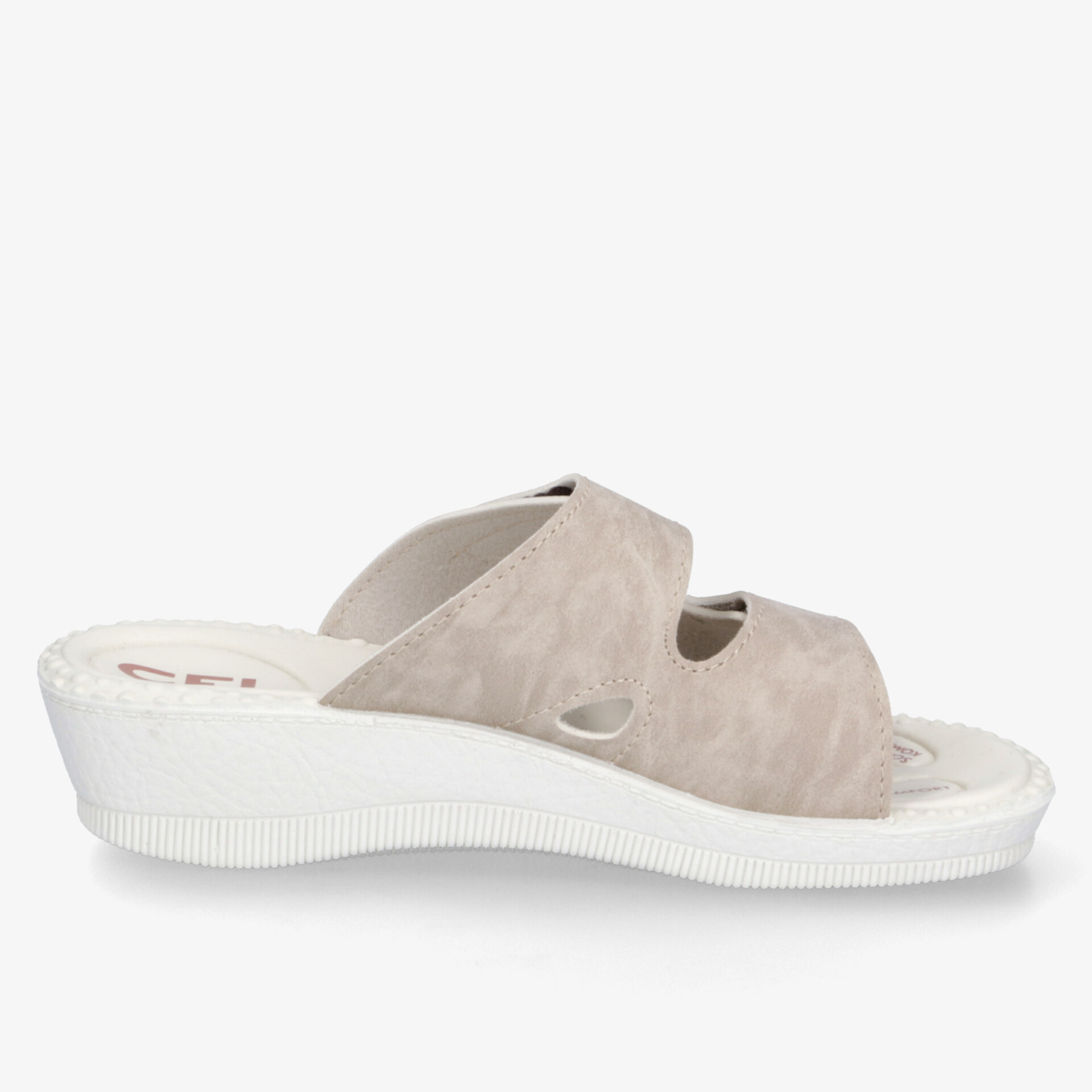 Bequeme beige Pantolette mit leichtem Keilabsatz und rutschfester Sohle für komfortablen Tragekomfort