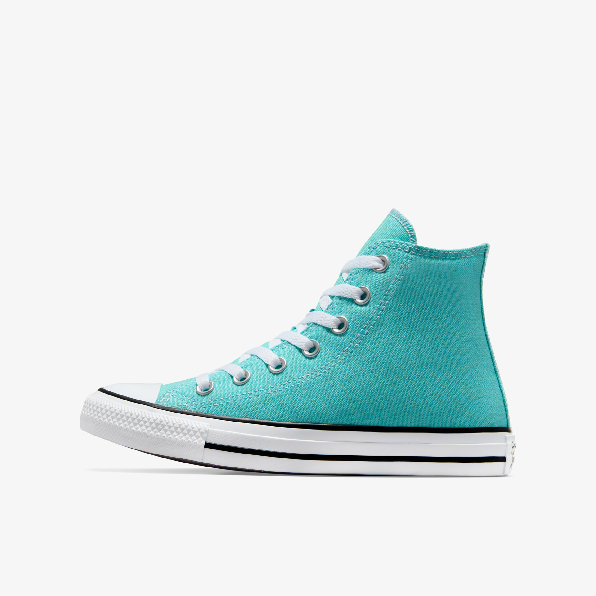 Türkisfarbener hoher Sneaker mit klassischen Schnürsenkeln und robuster Gummisohle, seitliche Ansicht