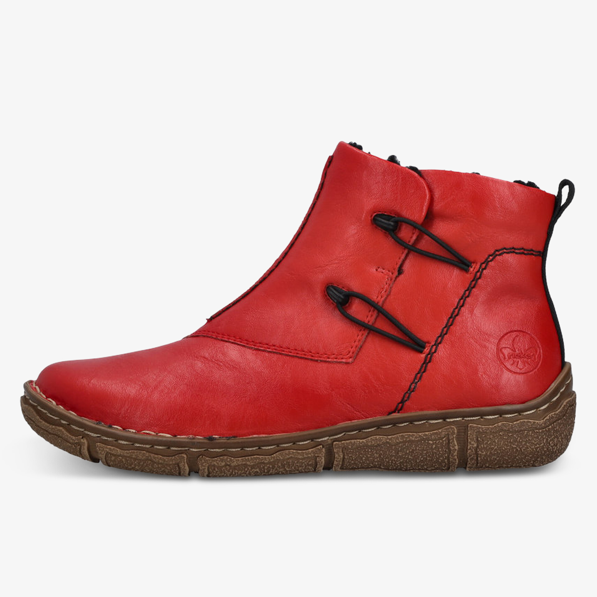 Roter komfortabler Schuh aus weichem Material mit seitlichem Reißverschluss und rutschfester Sohle seitlich sichtbar