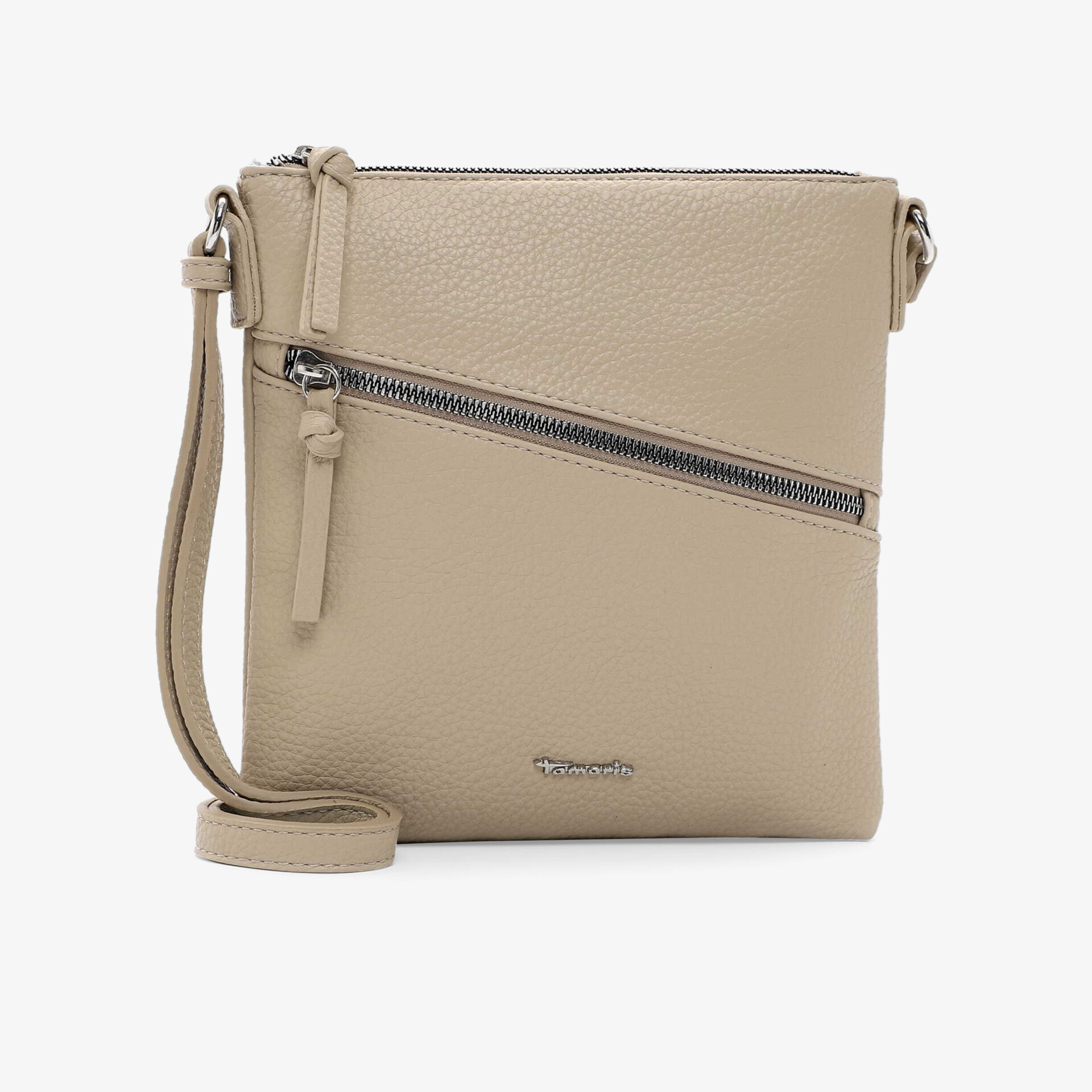 Beige Umhängetasche mit diagonalem Reißverschluss, schlankem Design und verstellbarem Trageriemen