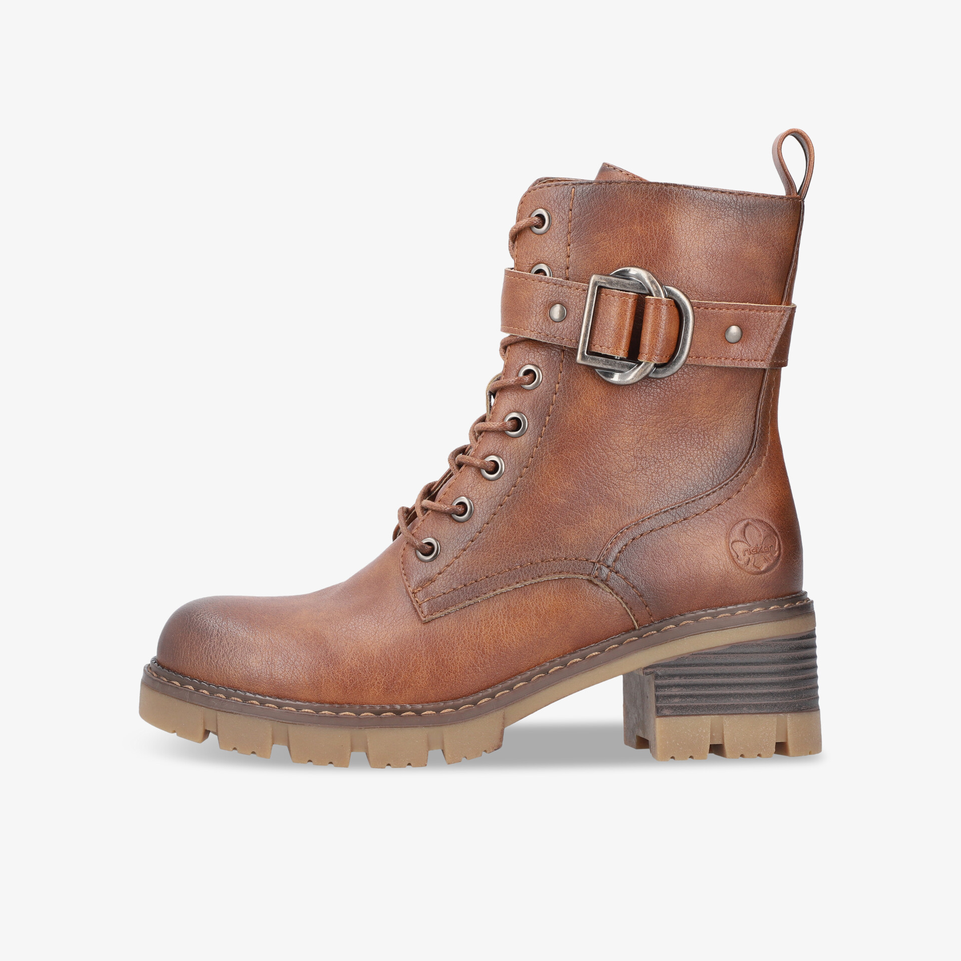 robuster brauner Biker-Stiefel mit Schnürung, verstellbarer Schnalle und hohem Absatz, seitliche Ansicht