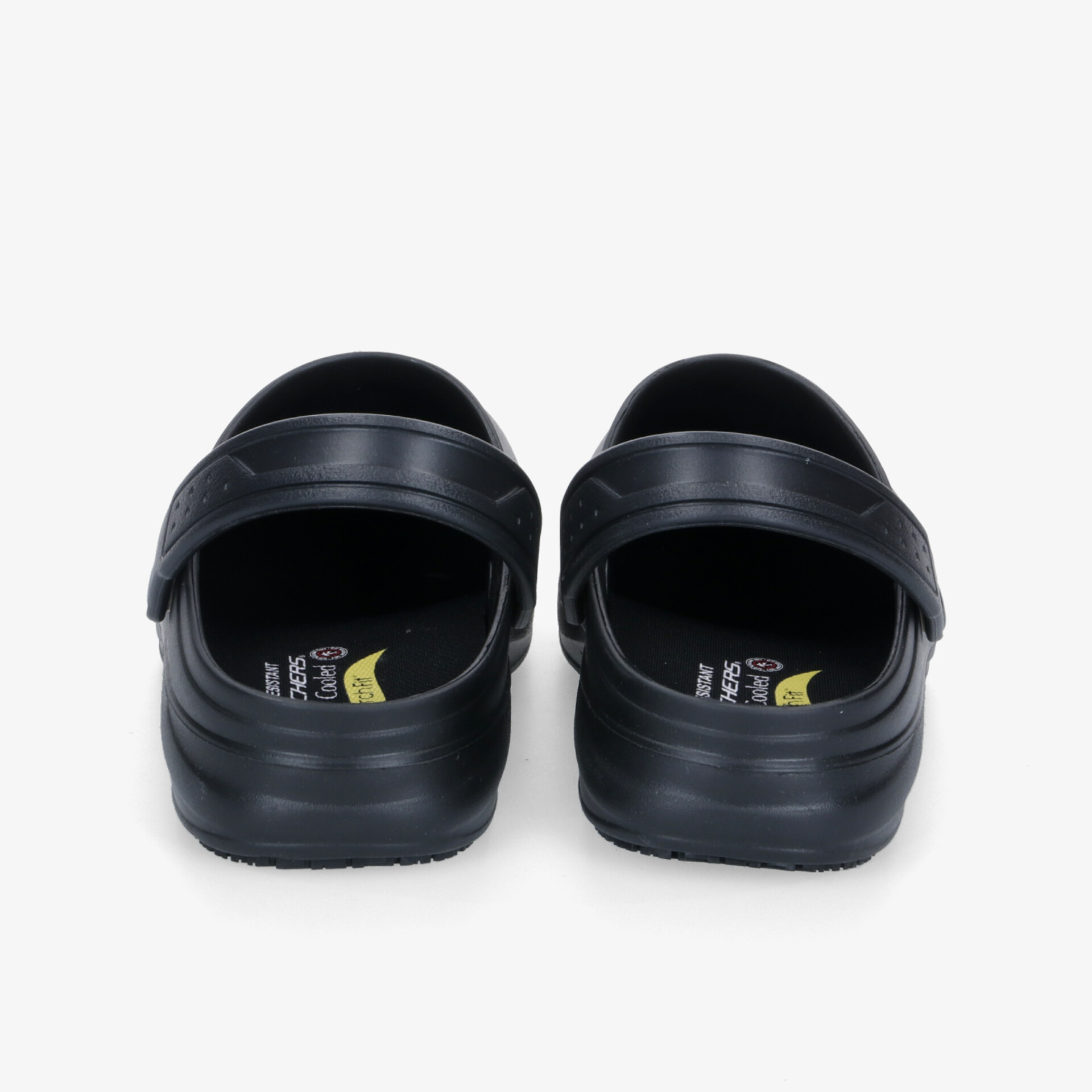 Bequeme und langlebige schwarze Clogs mit verstellbarem Riemen und rutschfester Sohle.