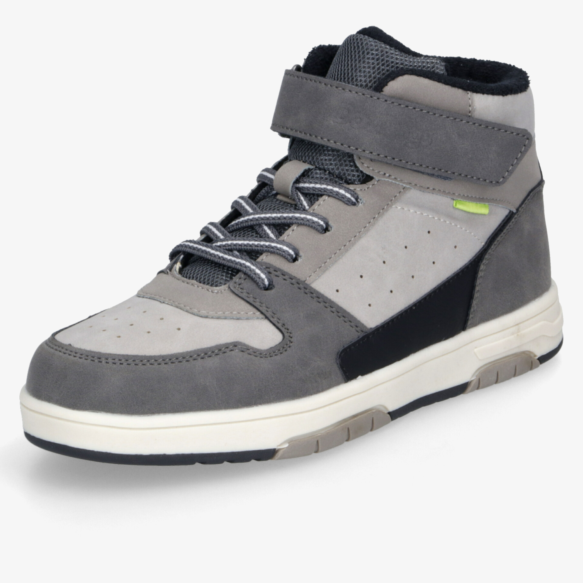 Grauer sportlicher Sneaker mit hohem Schaft, Schnürsenkeln und praktischem Klettverschluss für optimalen Halt