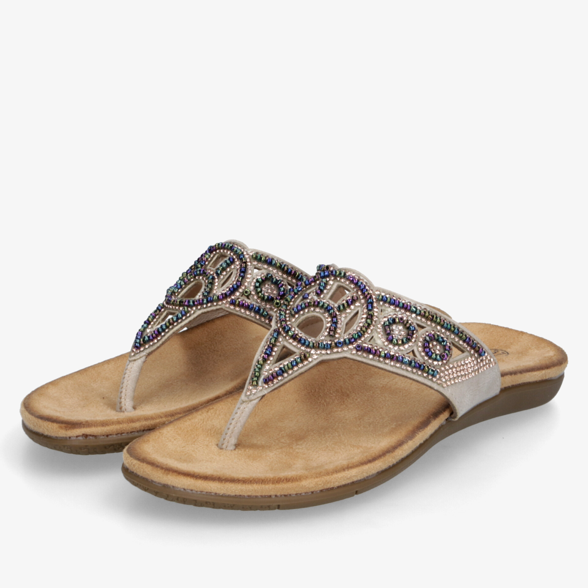 Beige Zehentrenner Sandale mit bequemer Sohle und dekorativen Perlen auf den Riemen, elegante leichte Sommerschuhe