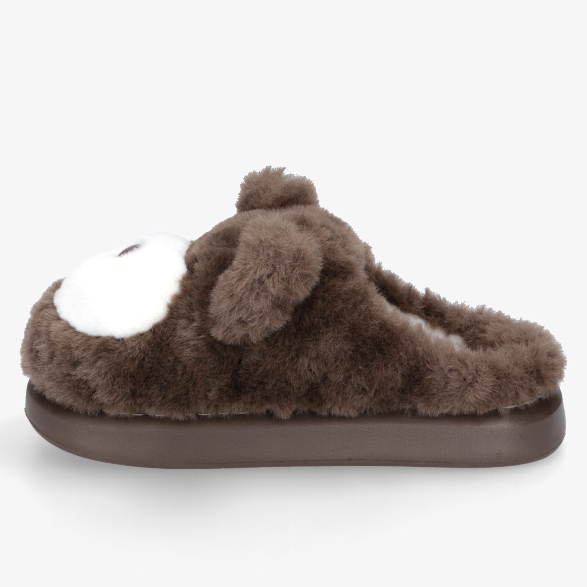 Kuscheliger und weicher Hausschuh mit flauschigem Material und bequemer rutschfester Sohle seitliche Ansicht
