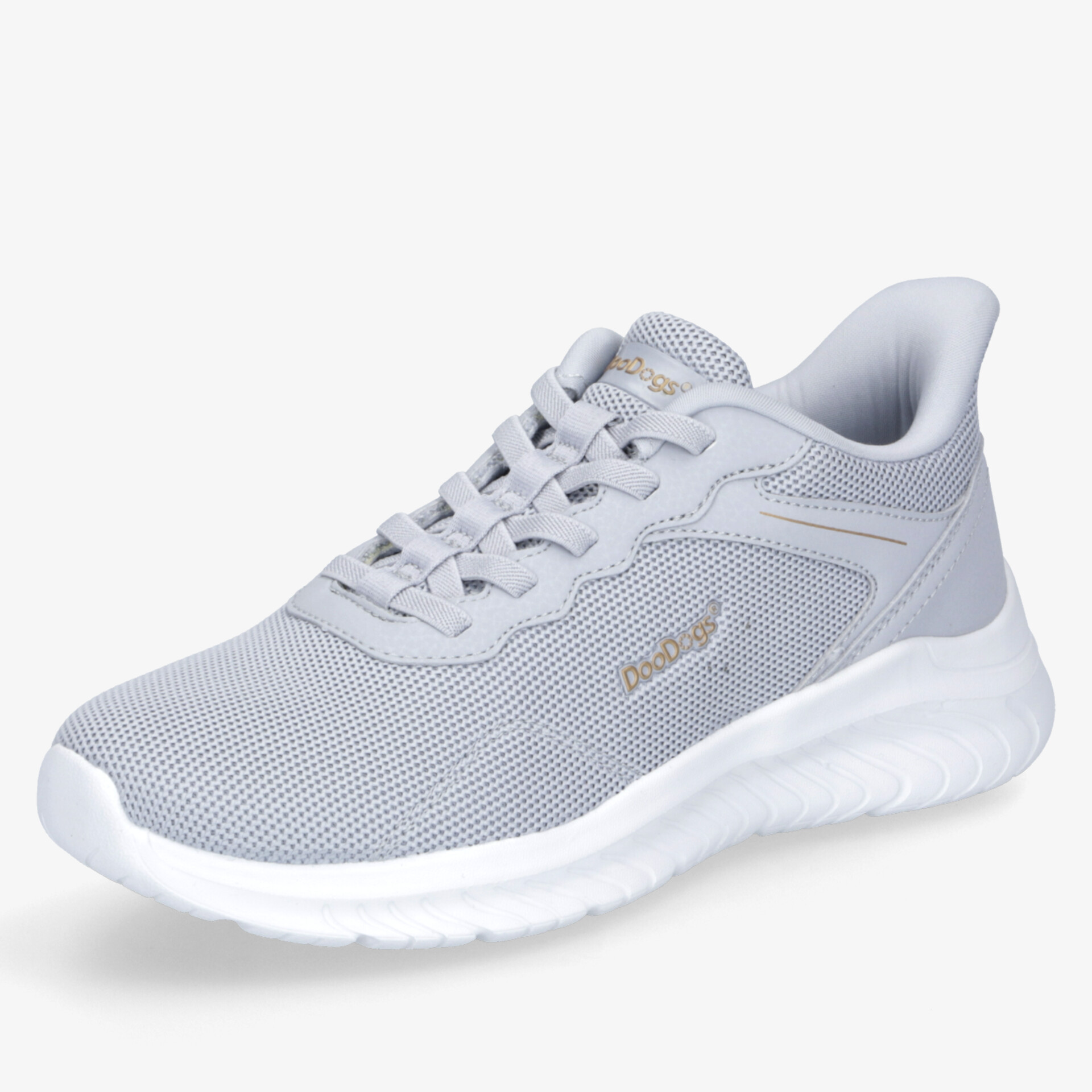 Leichter grauer Laufschuh mit atmungsaktivem Mesh, komfortabler Sohle und modernem Design